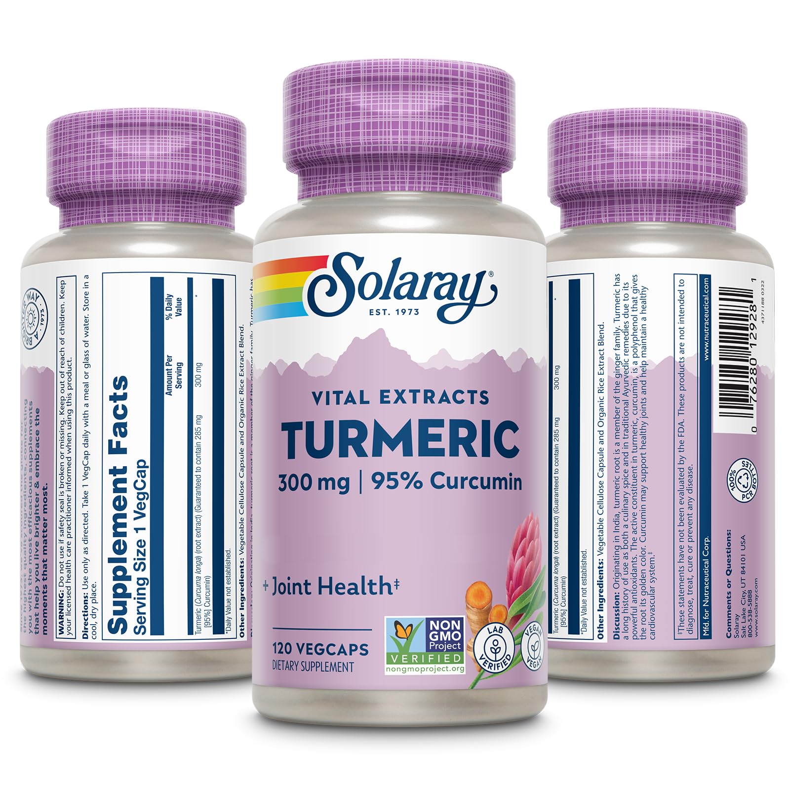 SOLARAY Turmeric Curcumin capsules side view with label