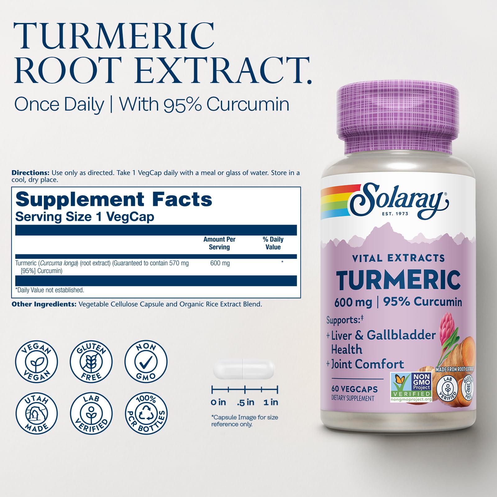 SOLARAY Turmeric Curcumin Supplement 600mg bottle side view