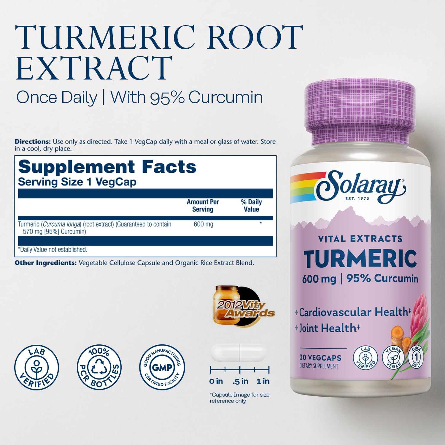 SOLARAY Turmeric Curcumin Supplement 600mg side view