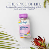 SOLARAY Turmeric Curcumin Supplement capsules on a wooden surface