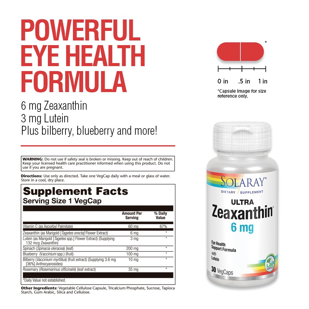 SOLARAY Ultra Zeaxanthin capsules on a wooden surface
