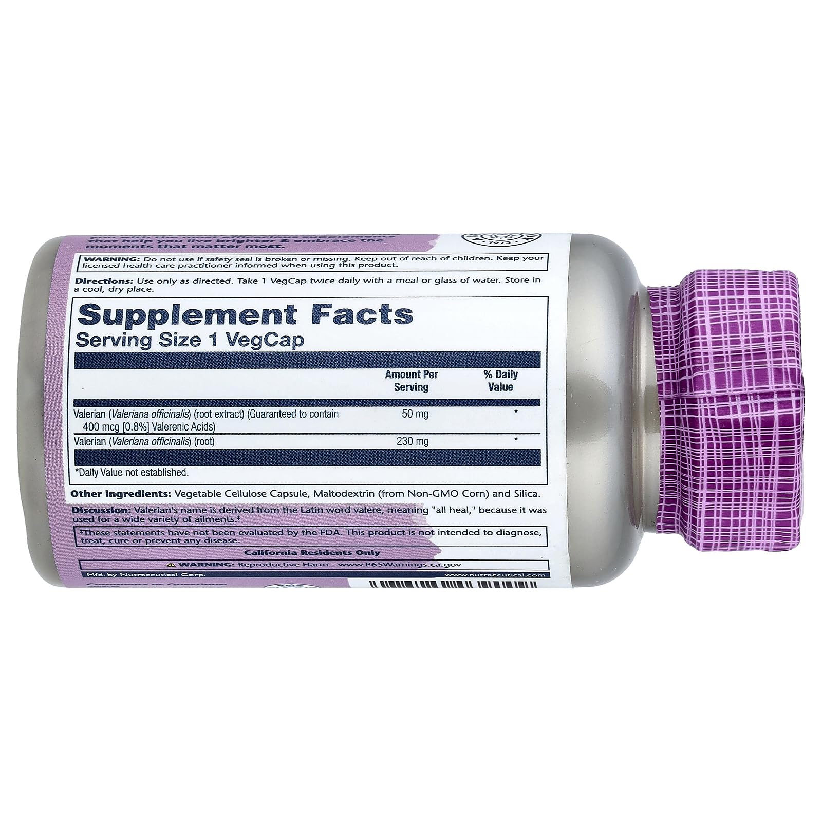 SOLARAY Valerian Root Extract Capsules 400mcg side view with label