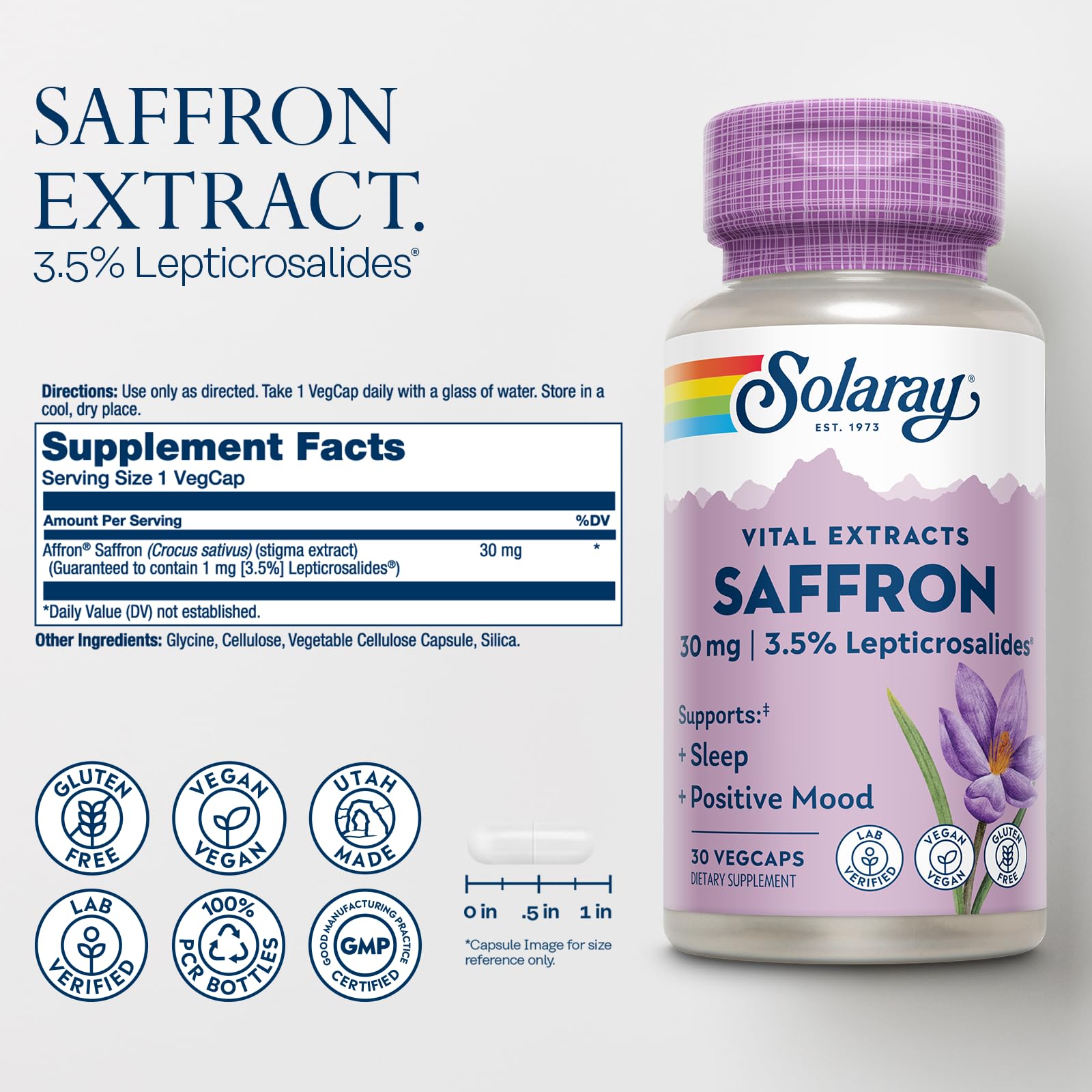 SOLARAY Vital Extracts Saffron Mood Support Supplement side view