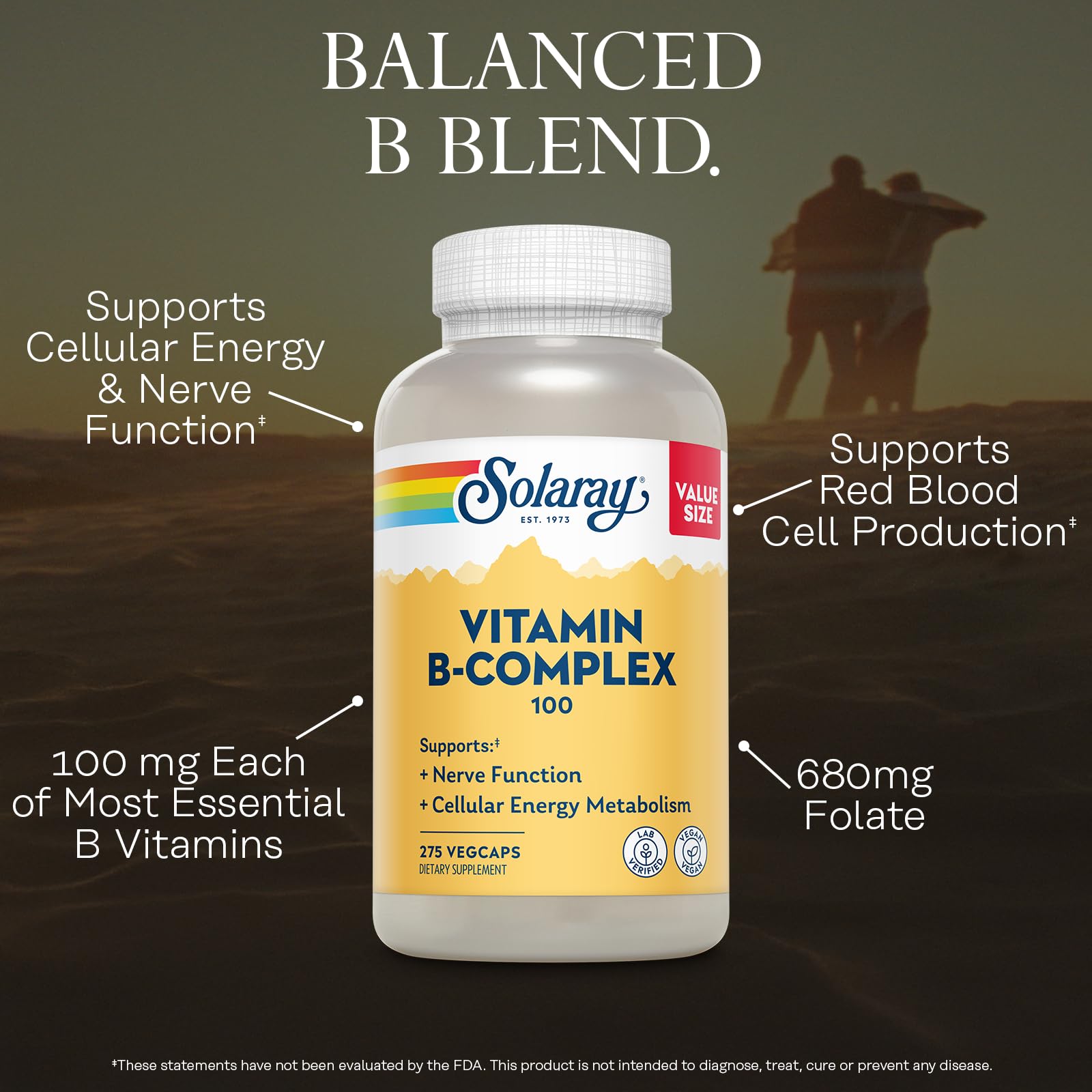 SOLARAY Vitamin B Complex 100 VegCaps with ingredients list