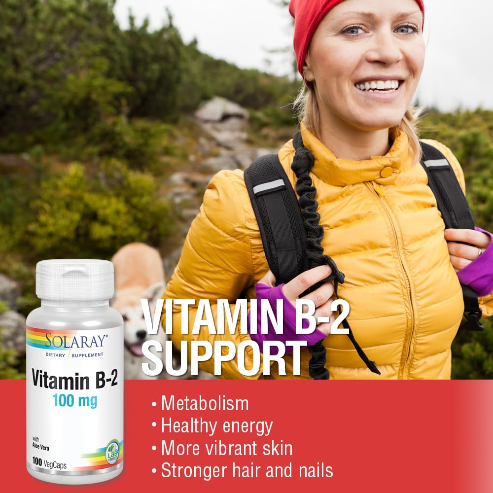 SOLARAY Vitamin B2 Riboflavin 100mg Capsules on a wooden table