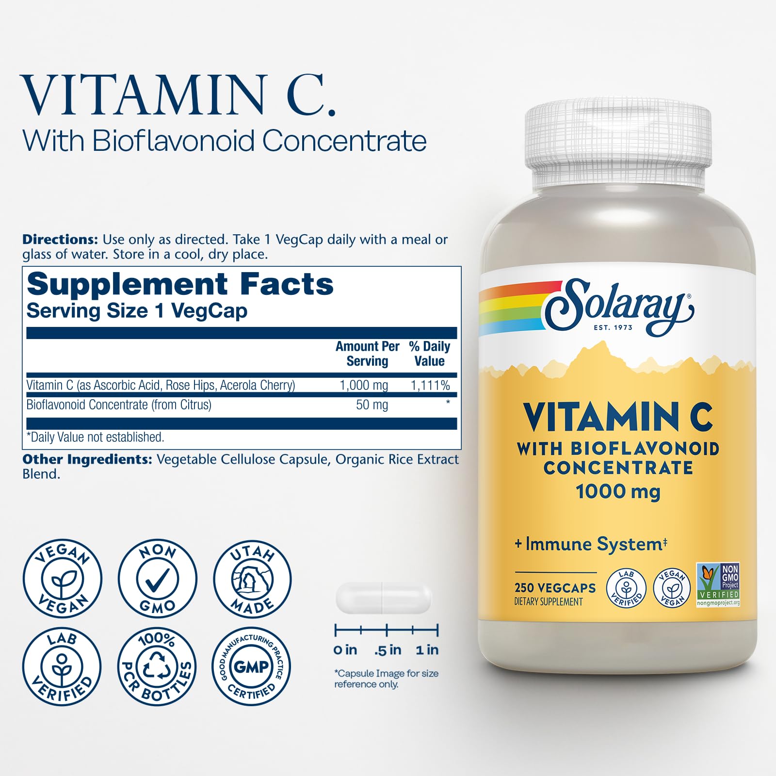 SOLARAY Vitamin C 1000mg capsules side view showing capsule
