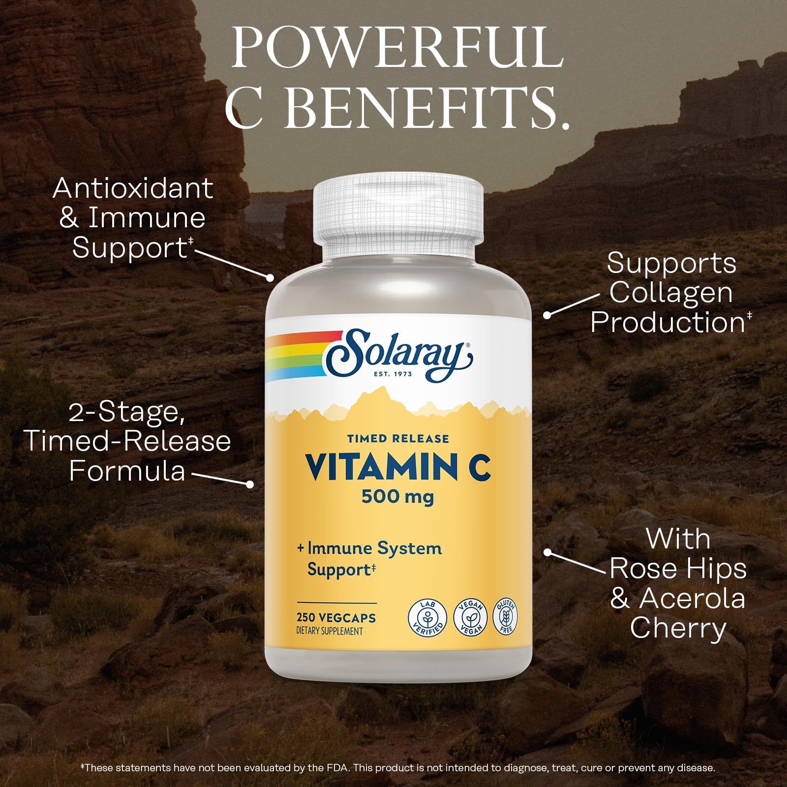 SOLARAY Vitamin C capsules on a wooden surface