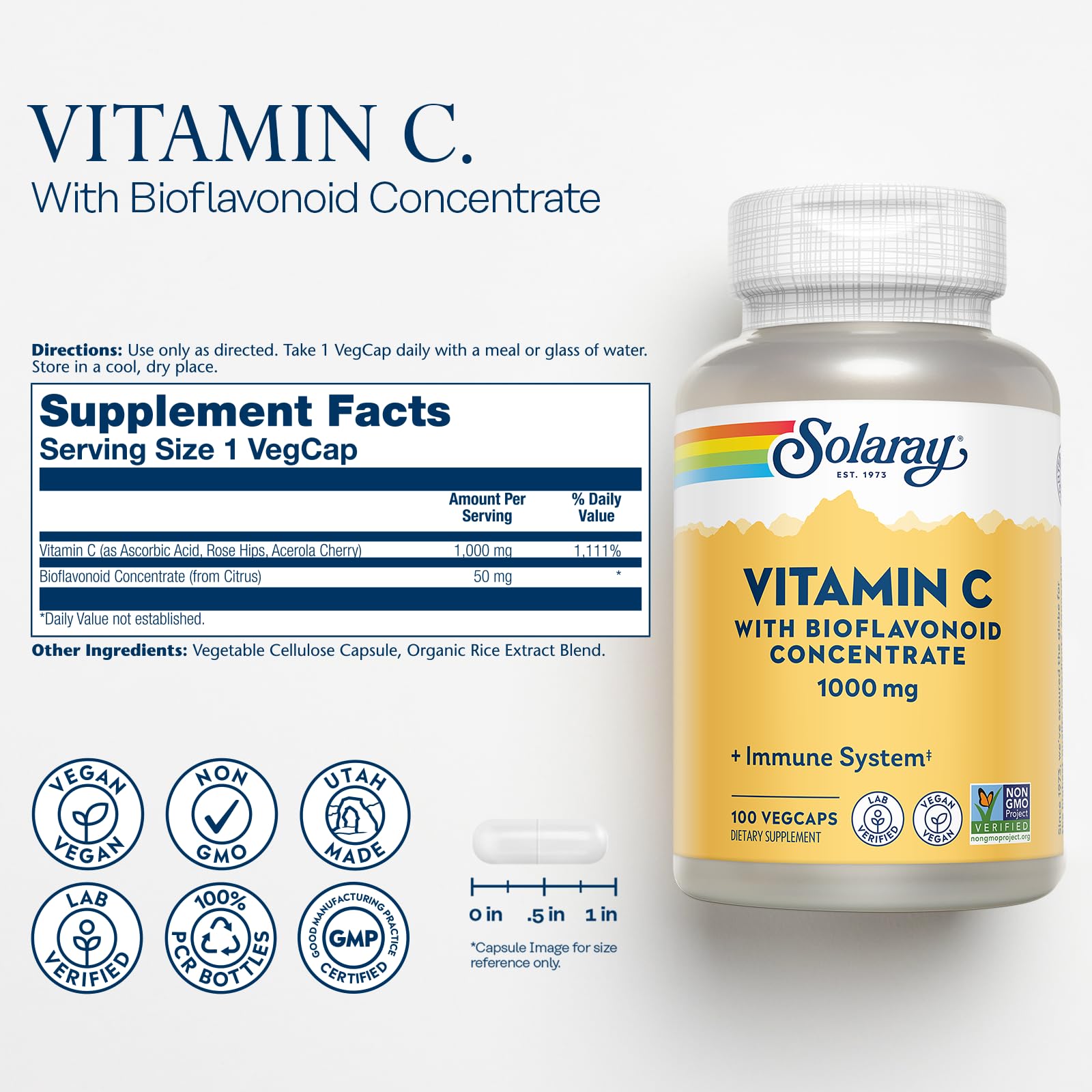 SOLARAY Vitamin C Complex Supplement 1000mg VegCap bottle side view