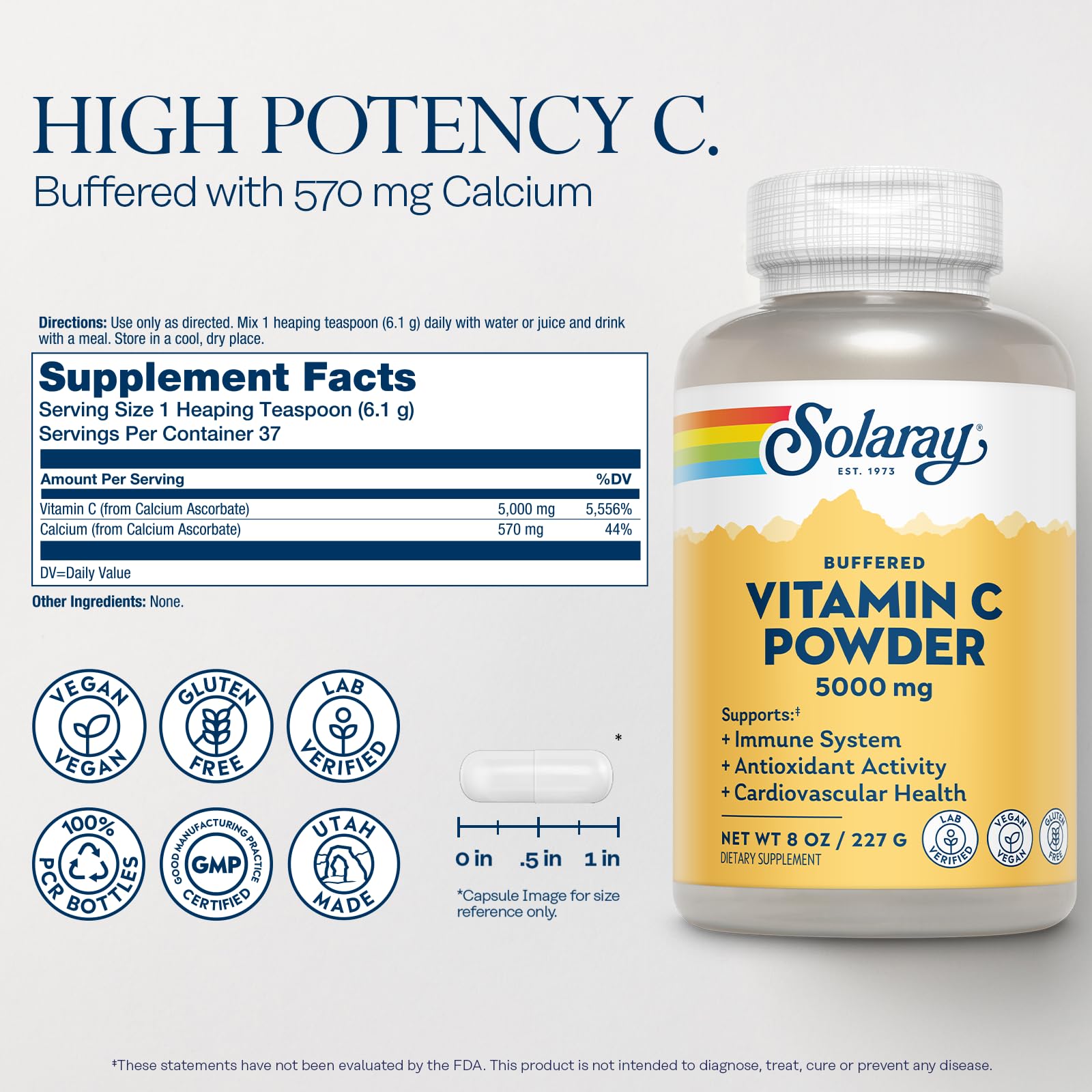 SOLARAY Vitamin C Powder 5000mg back view with nutritional information