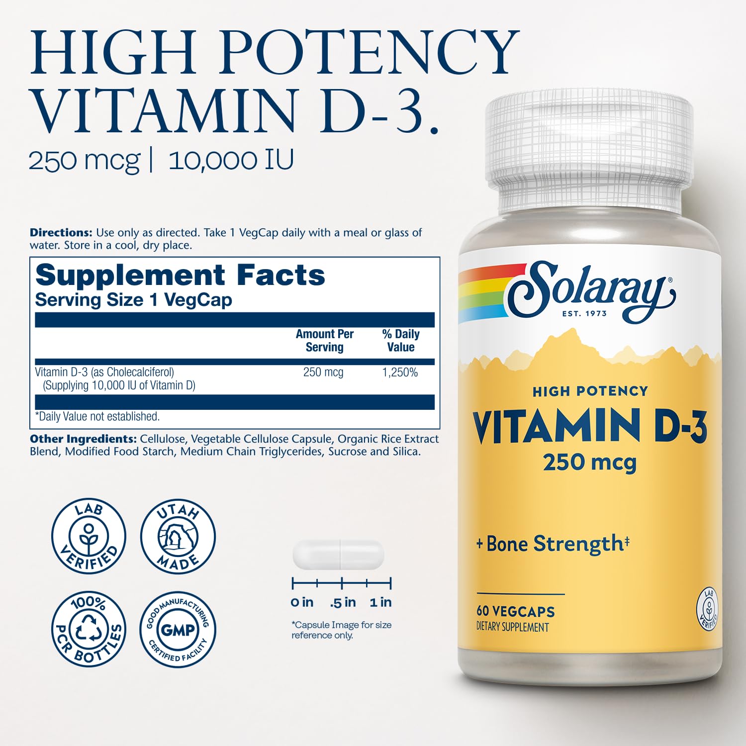SOLARAY Vitamin D3 250mcg 60 VegCaps side view