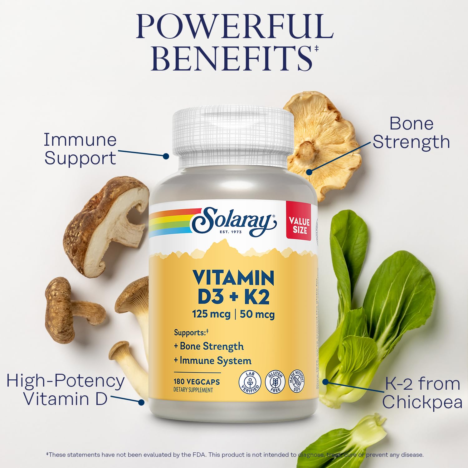 SOLARAY Vitamin D3 & K2 Supplement capsules close-up