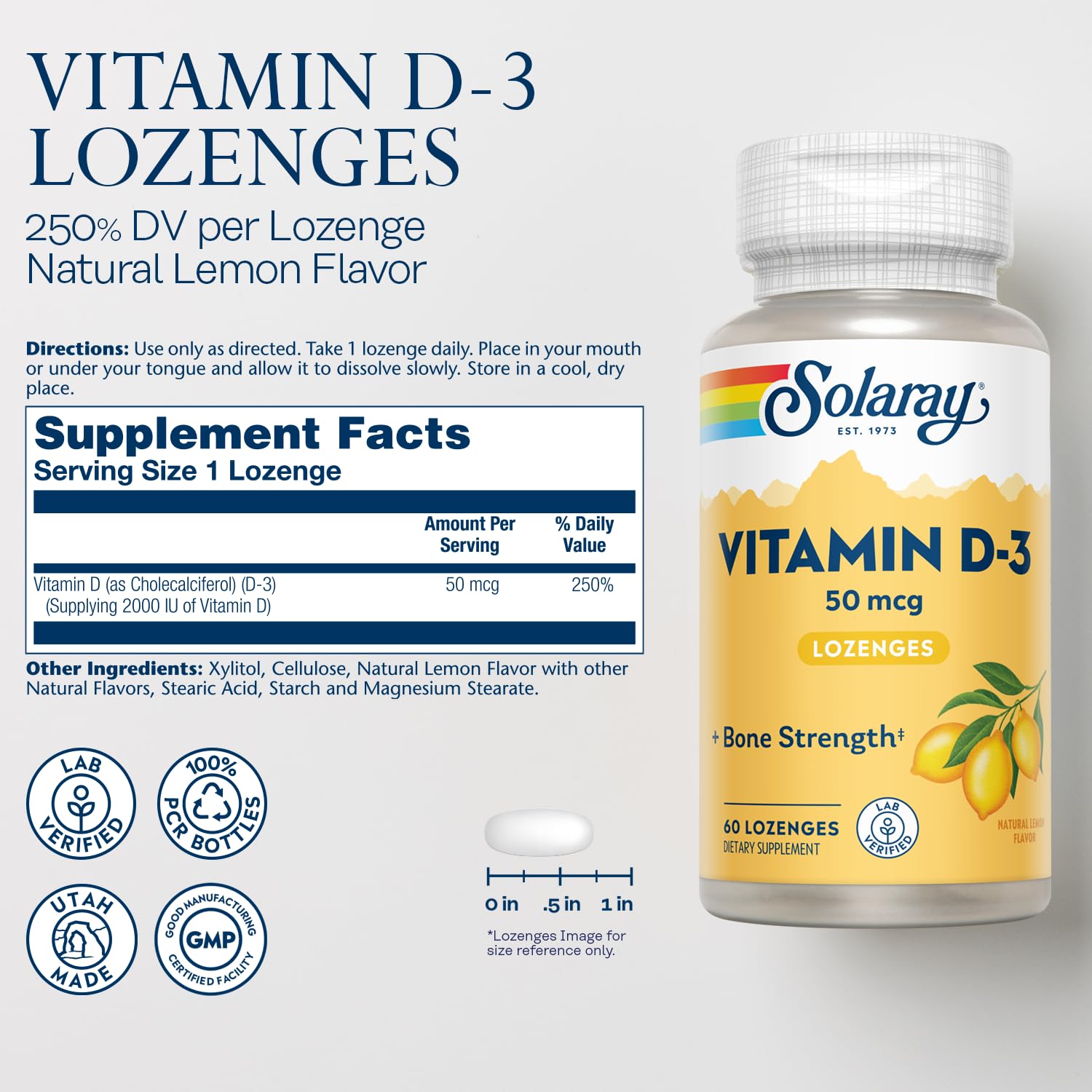 SOLARAY Vitamin D3 Lozenges back view with ingredient list