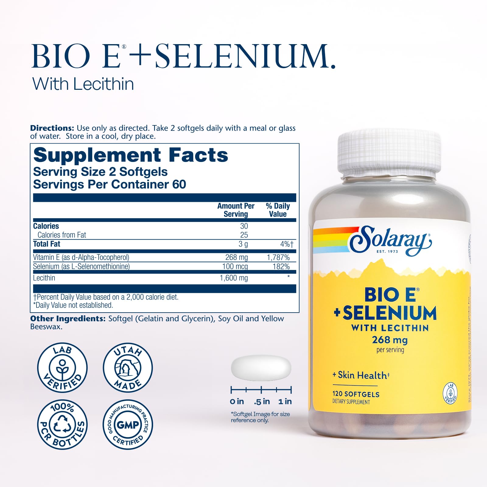 SOLARAY Vitamin E 400 IU Softgels side view showing softgels