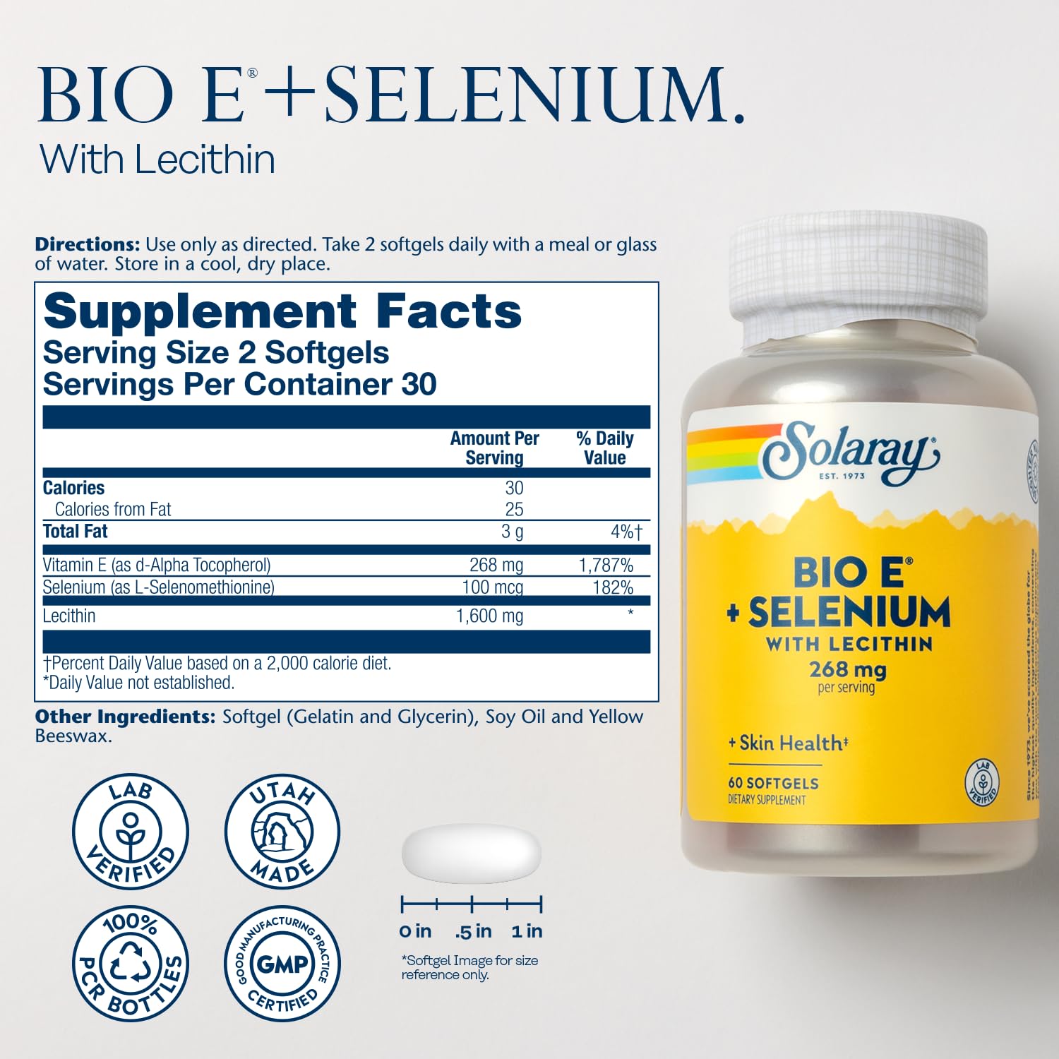 SOLARAY Vitamin E and Selenium Supplement 268mg softgels side view