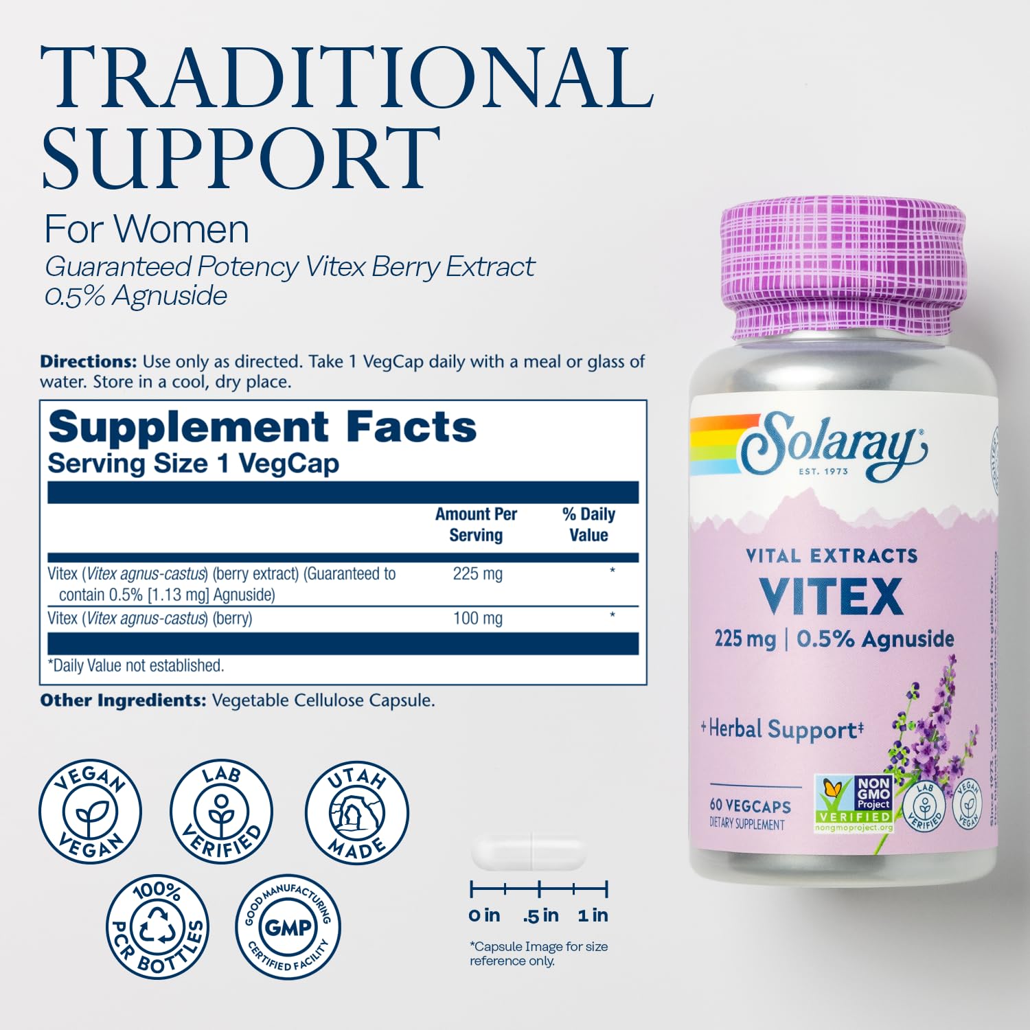 SOLARAY Vitex Supplement for Women 225mg side view