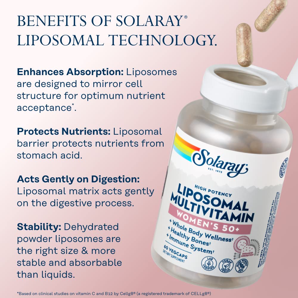 SOLARAY Women's Liposomal Multivitamin 50+ bottle on a wooden table