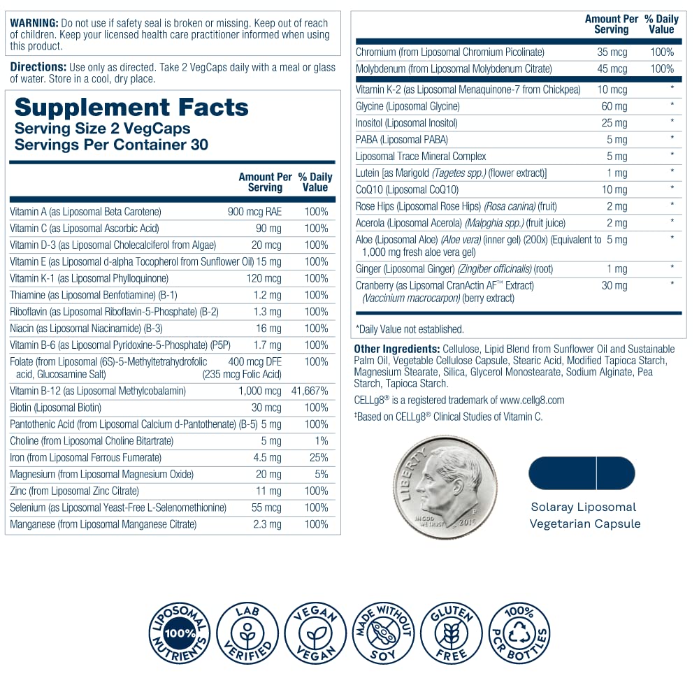 SOLARAY Women's Liposomal Multivitamin 50+ side view showing VegCaps