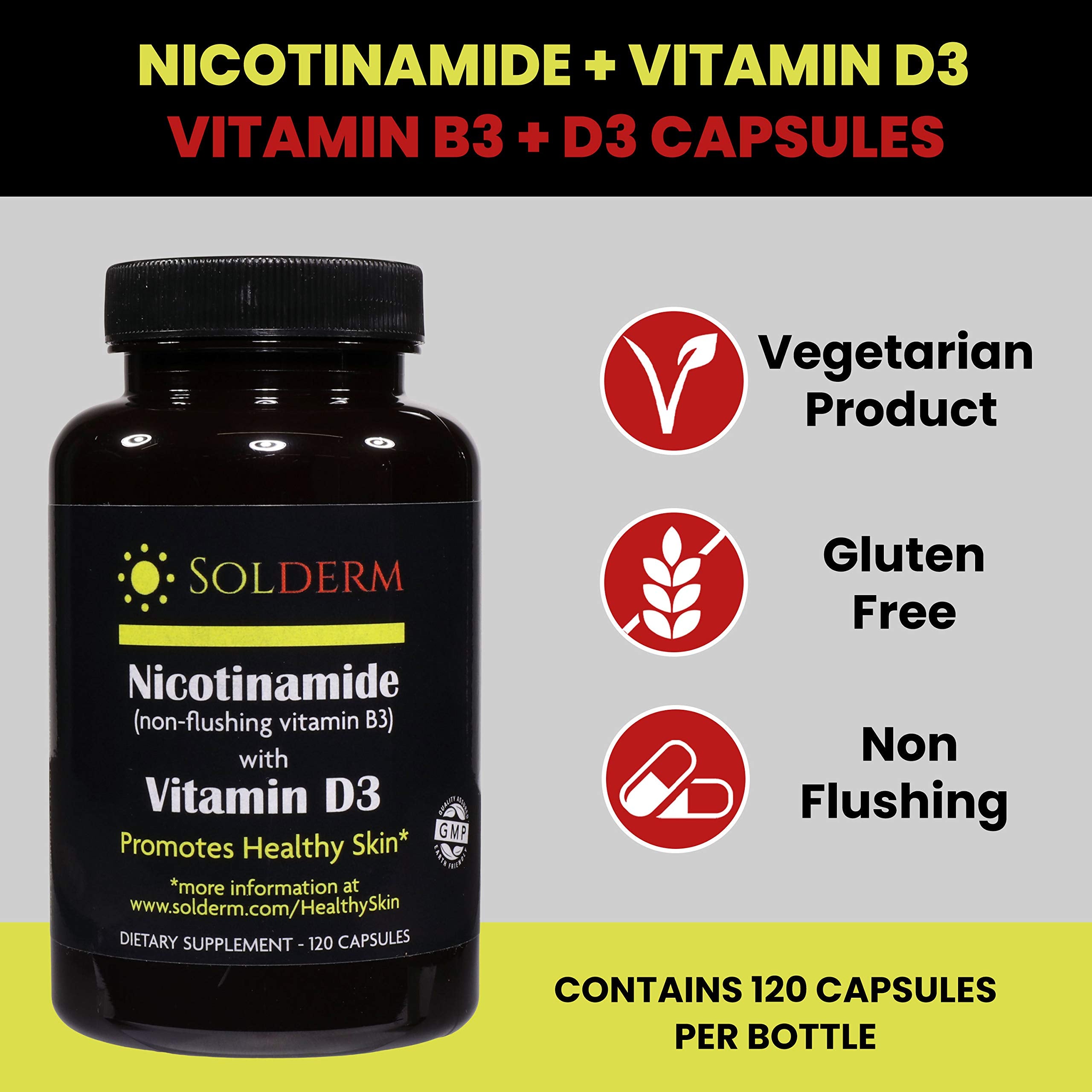 SOLDERM Nicotinamide B3 & D3 Capsules bottle side view