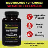 SOLDERM Nicotinamide B3 & D3 Capsules bottle side view