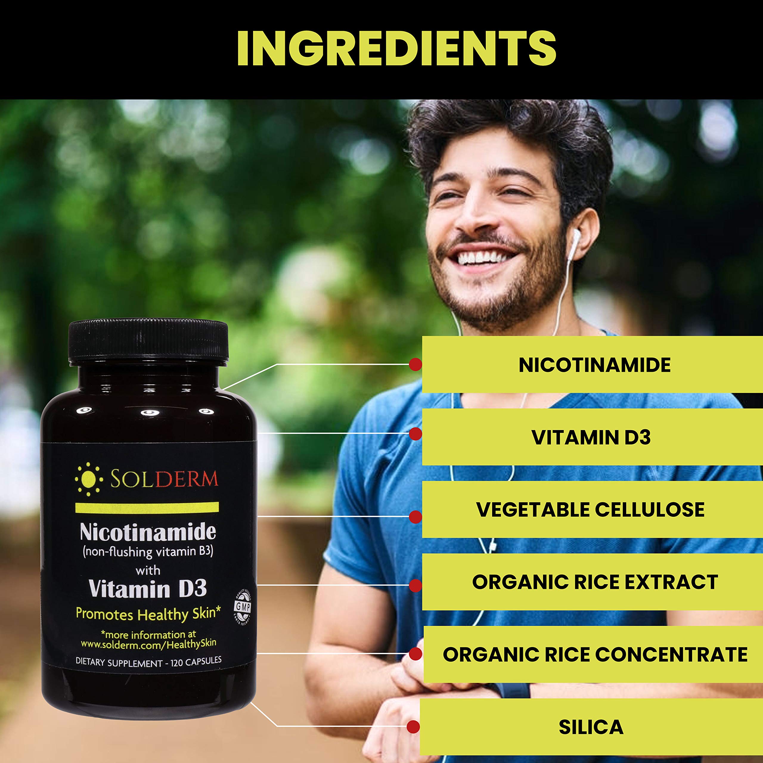 SOLDERM Nicotinamide B3 & D3 Capsules with measuring spoon