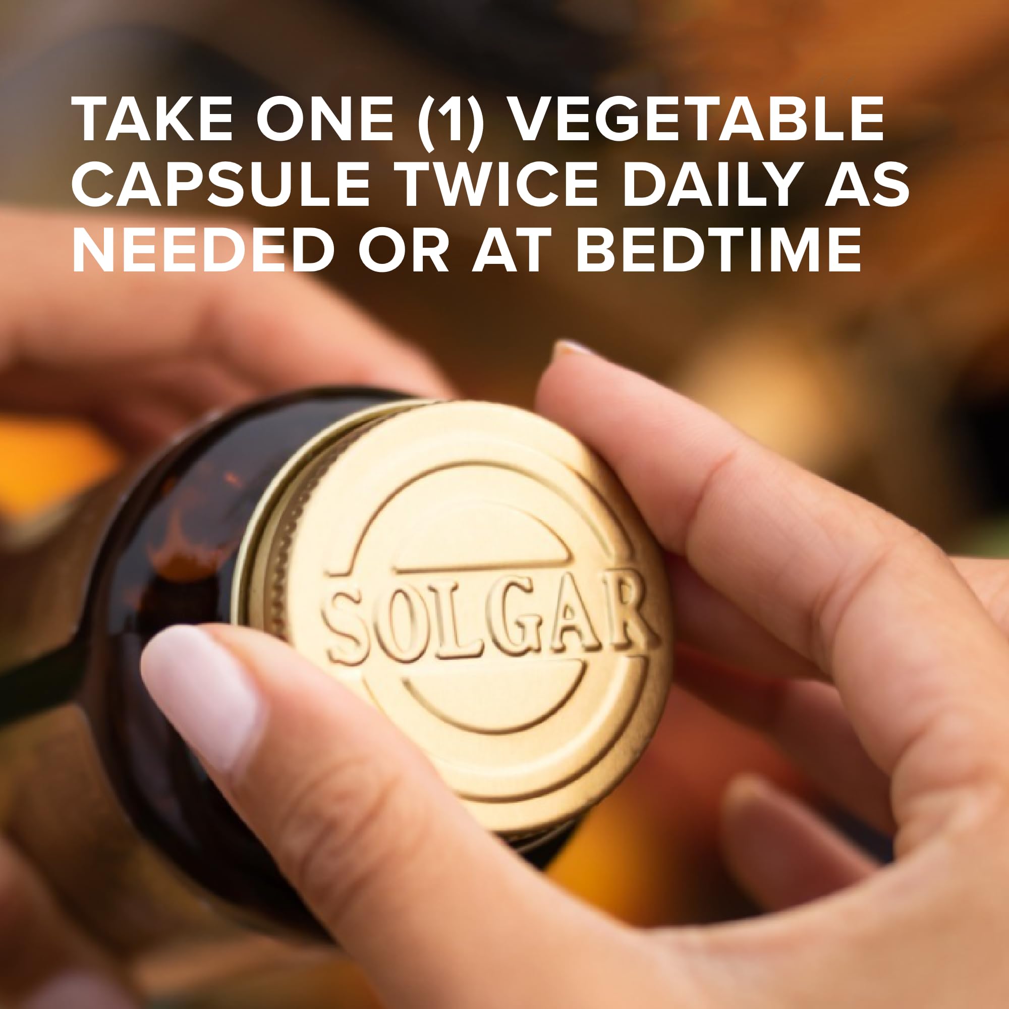 Solgar 5-HTP capsules on a wooden surface