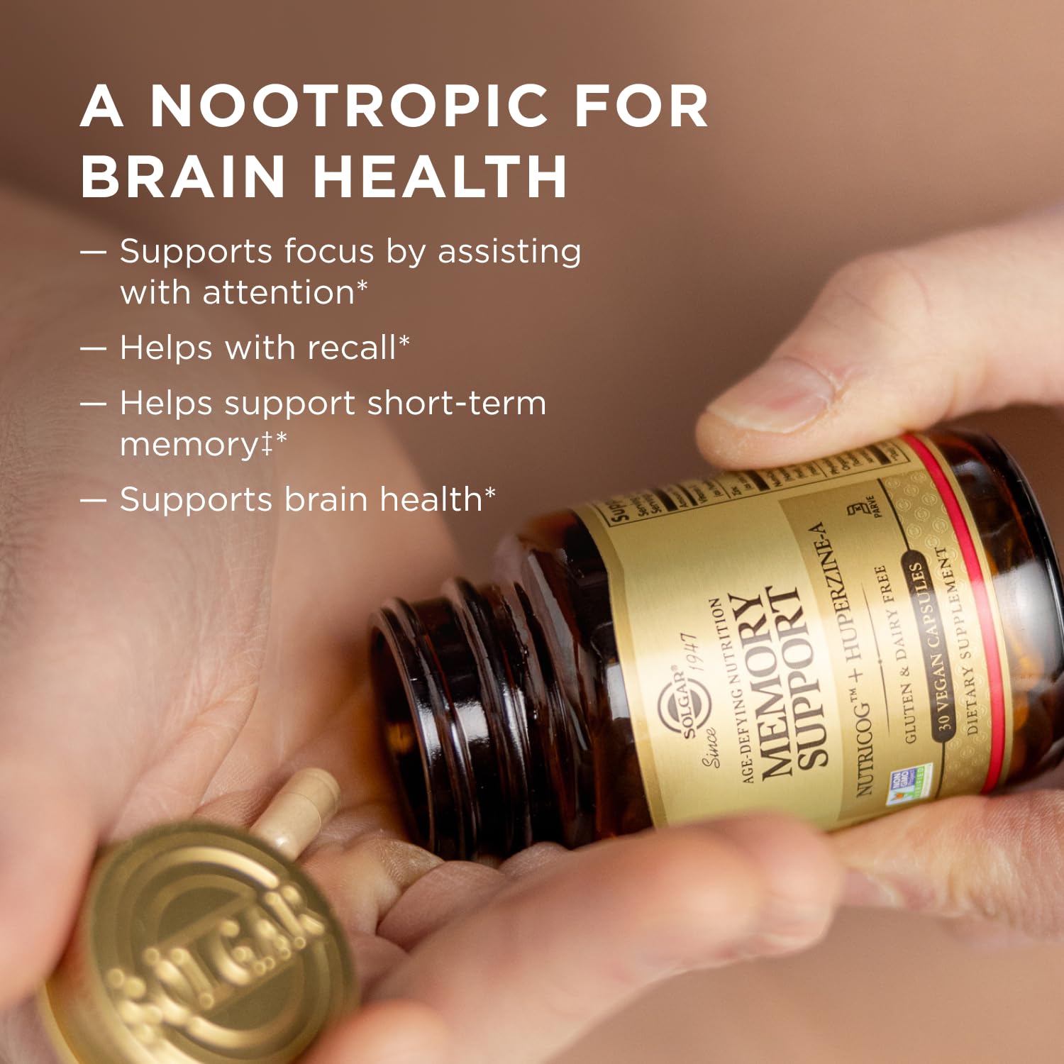 Solgar Age-Defying Memory Support 120g capsules on a table