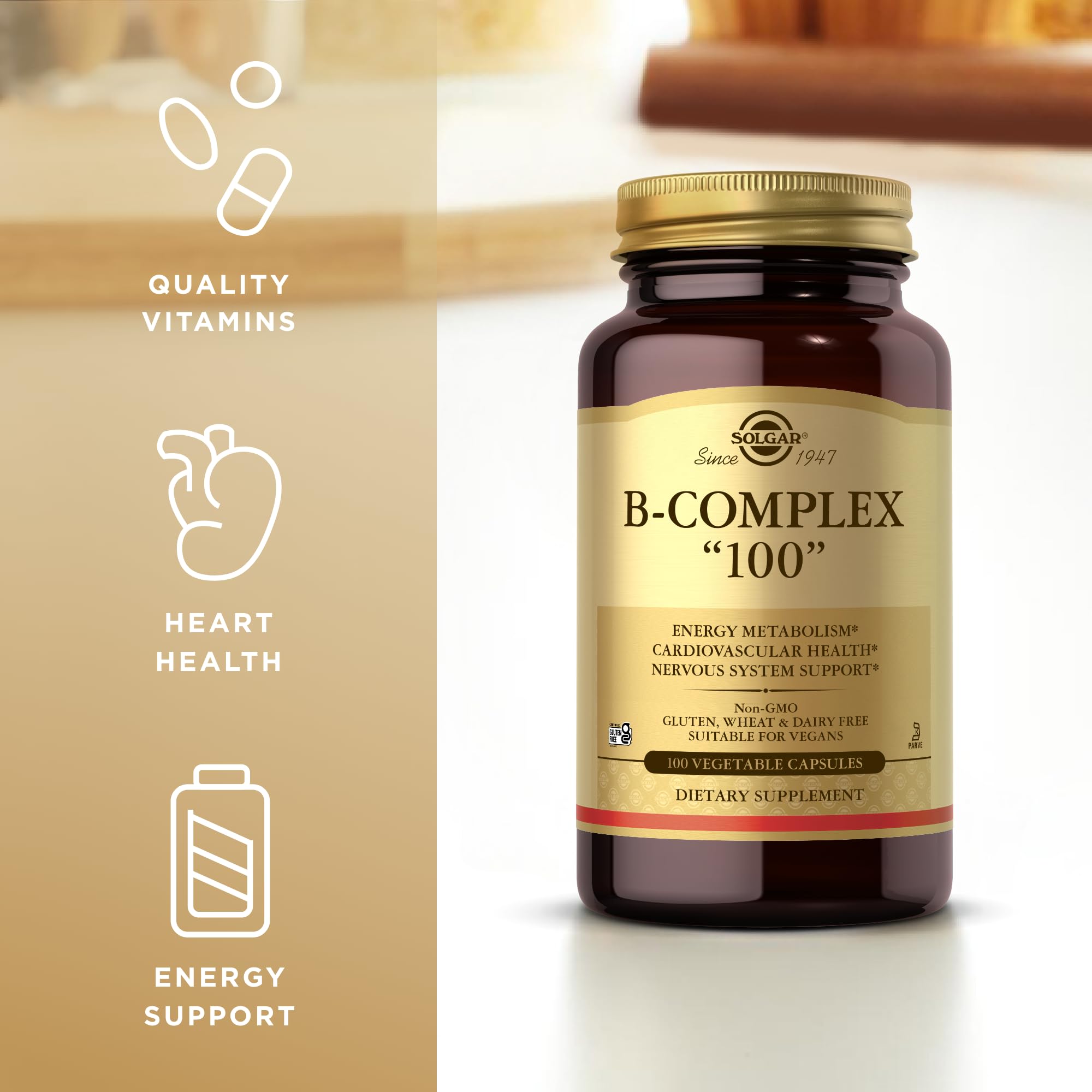 Solgar B-Complex 100 Capsules opened bottle showing capsules