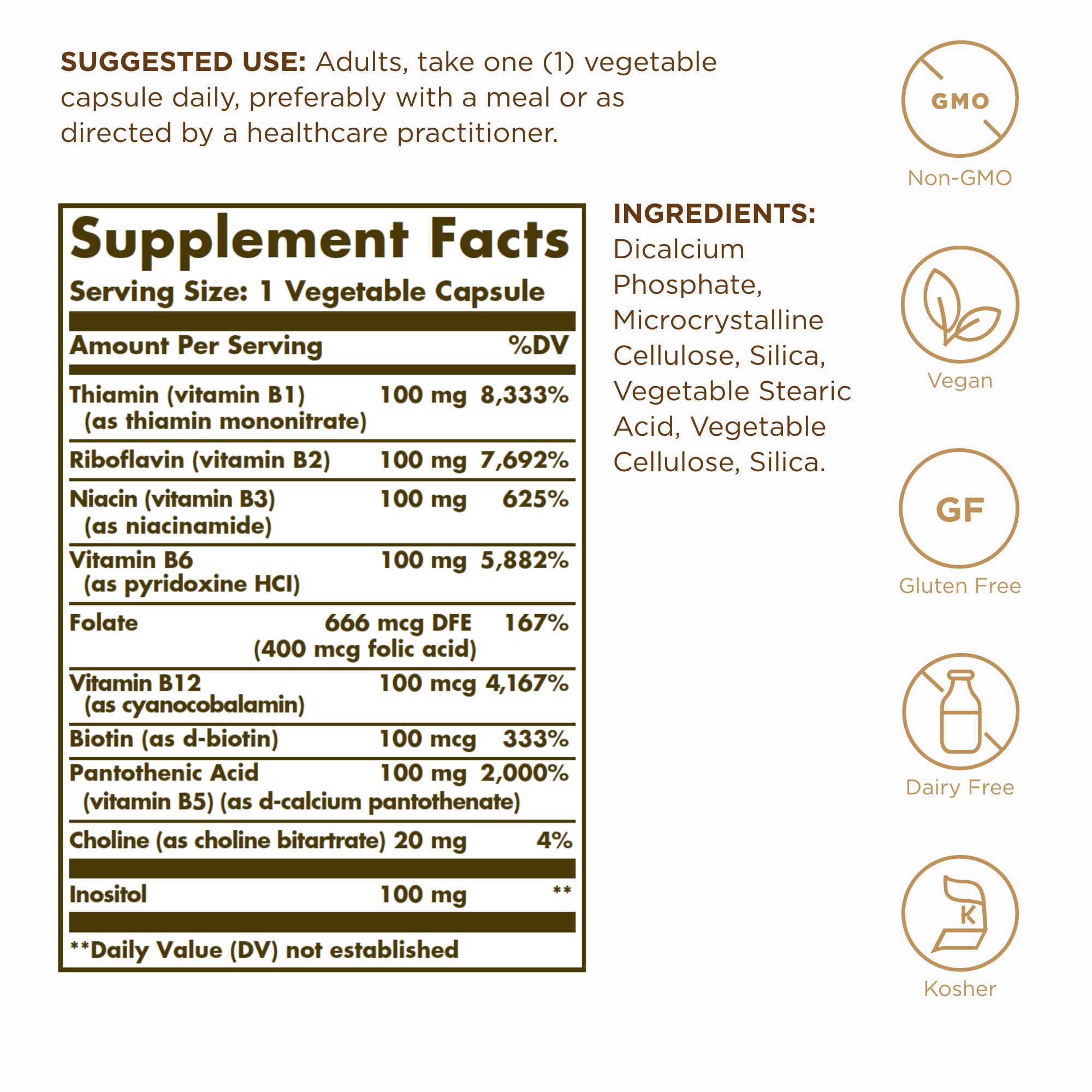Solgar B-Complex 100 Capsules side view showing label details