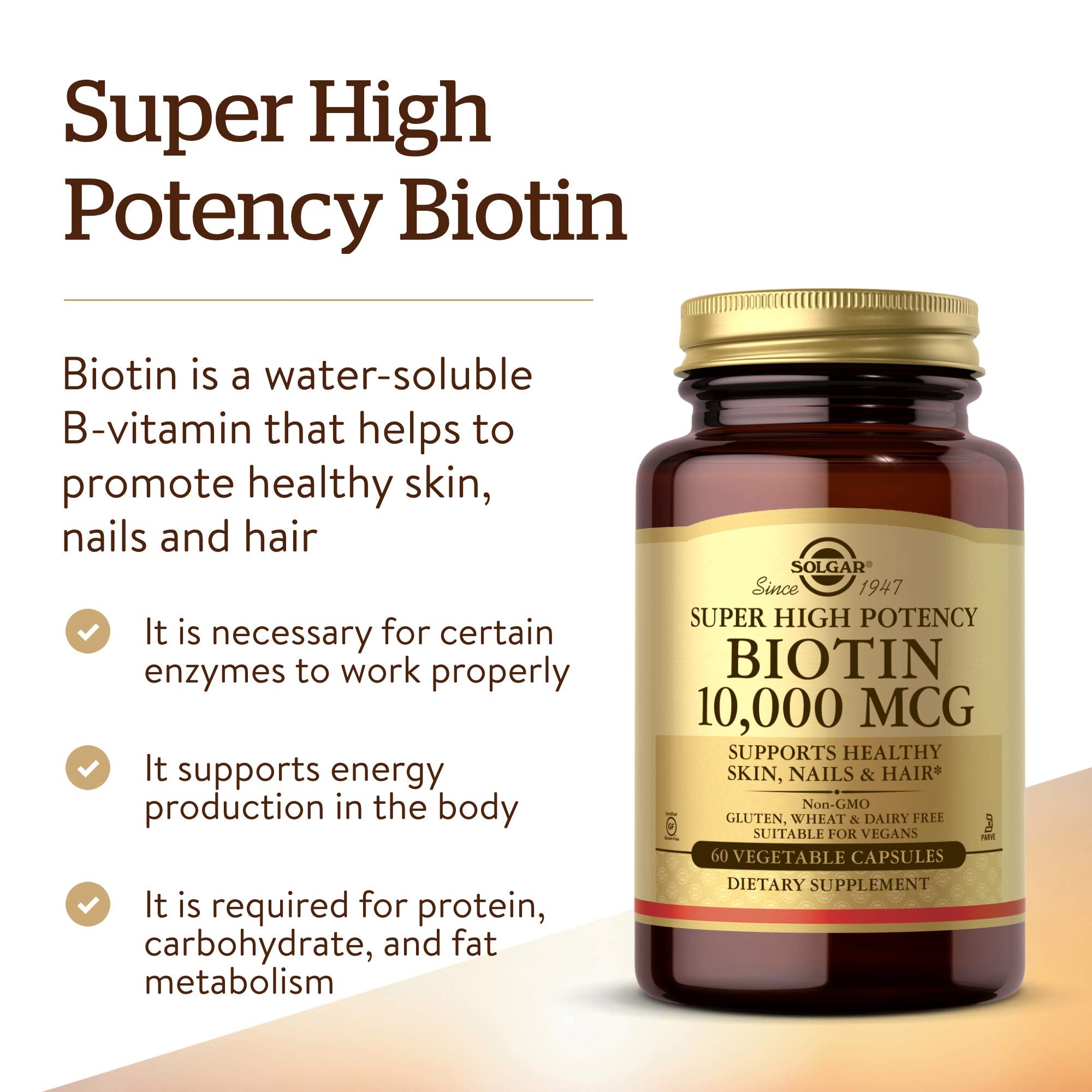 Solgar Biotin 10,000 mcg supplement bottle with label