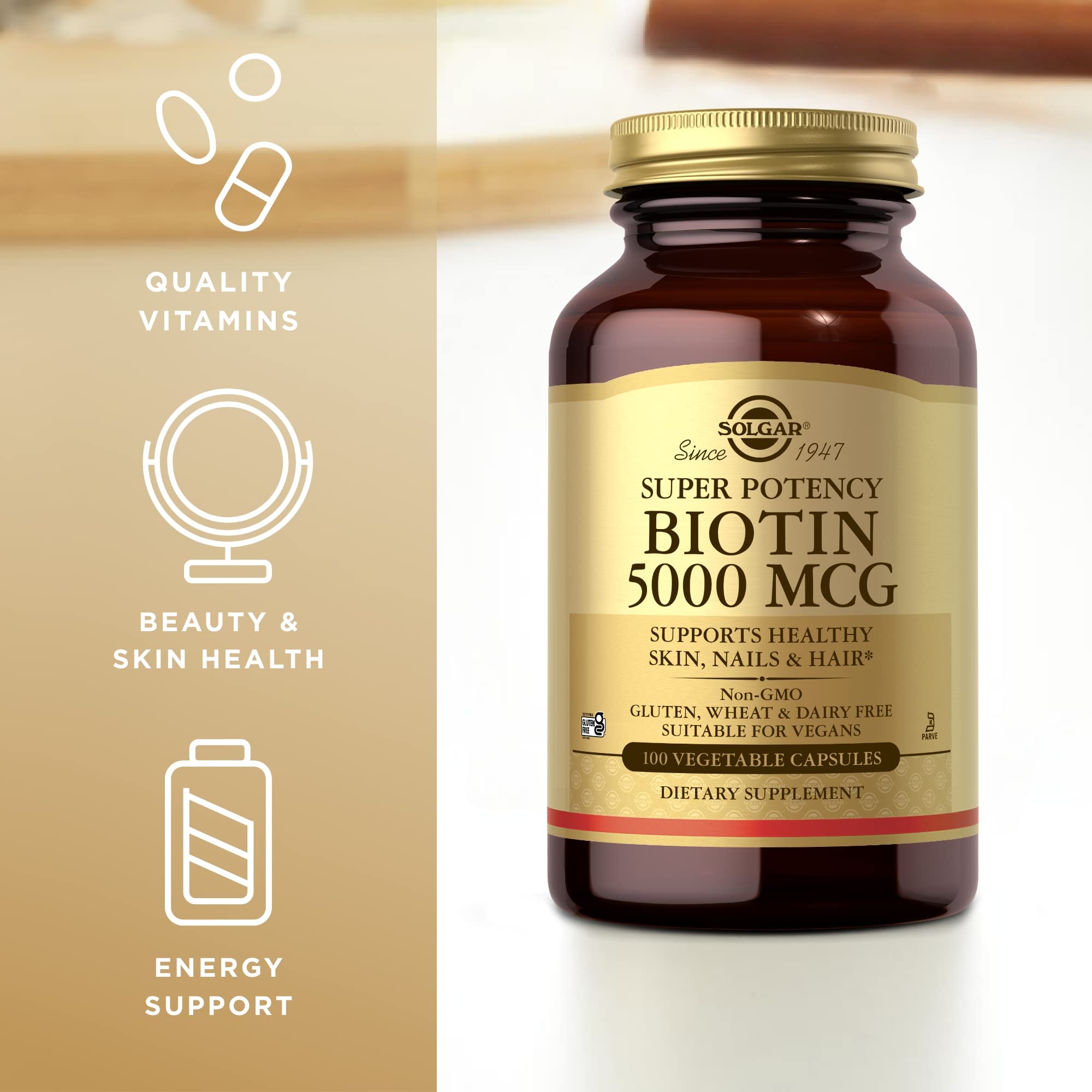 Solgar Biotin 5000 mcg capsules displayed on a table