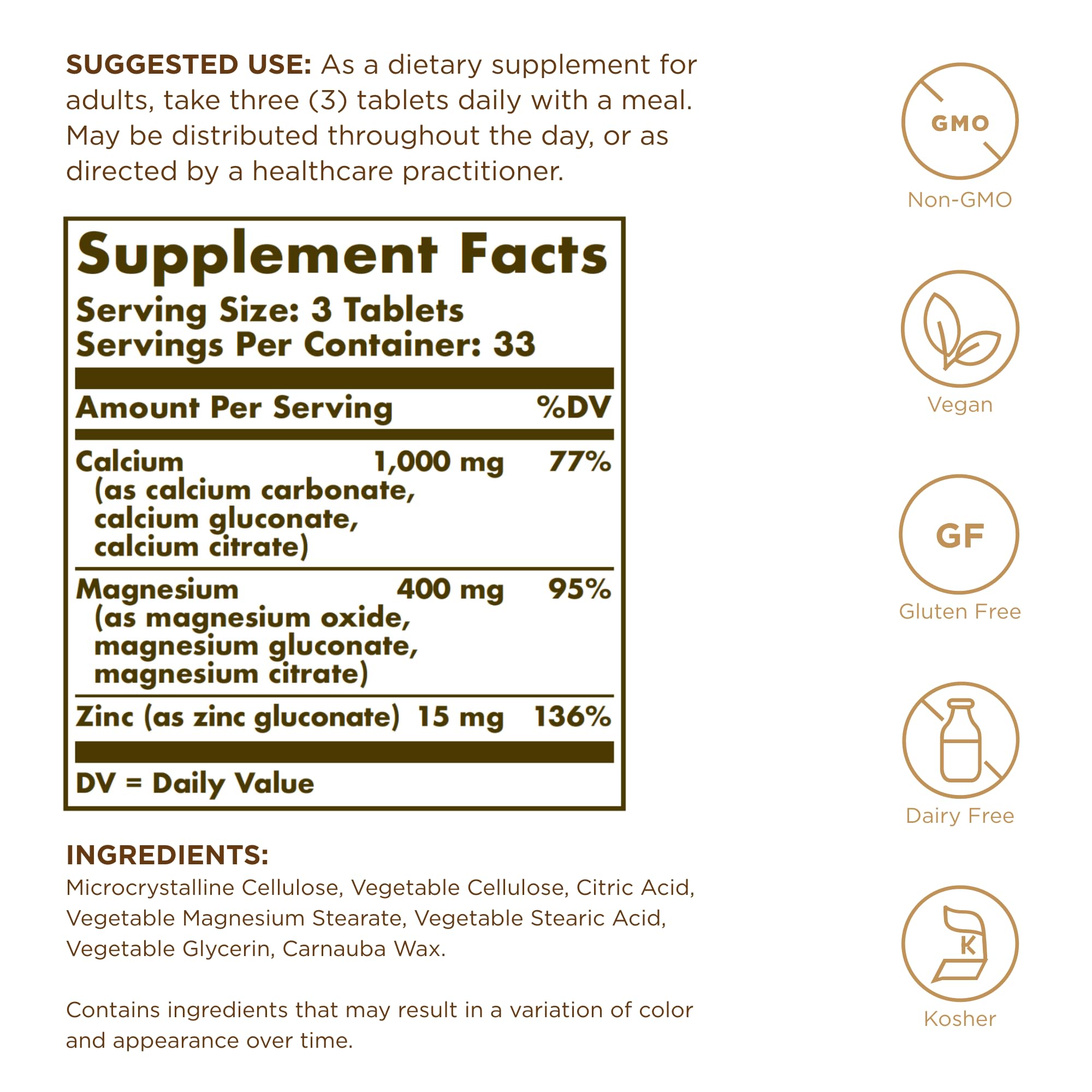 Solgar Calcium Magnesium Plus Zinc tablet bottle side view