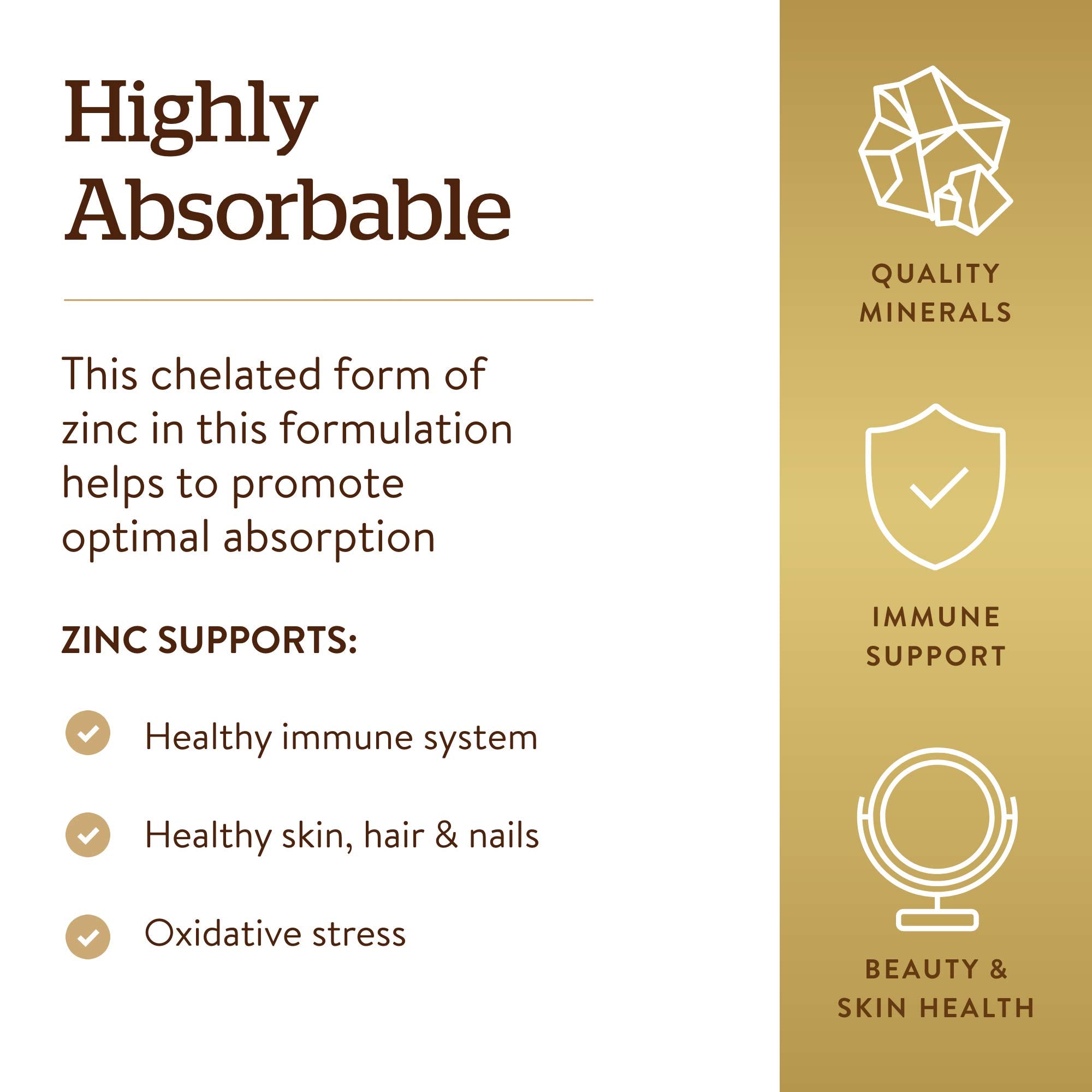 Solgar Chelated Zinc 22mg tablet with ingredients listed
