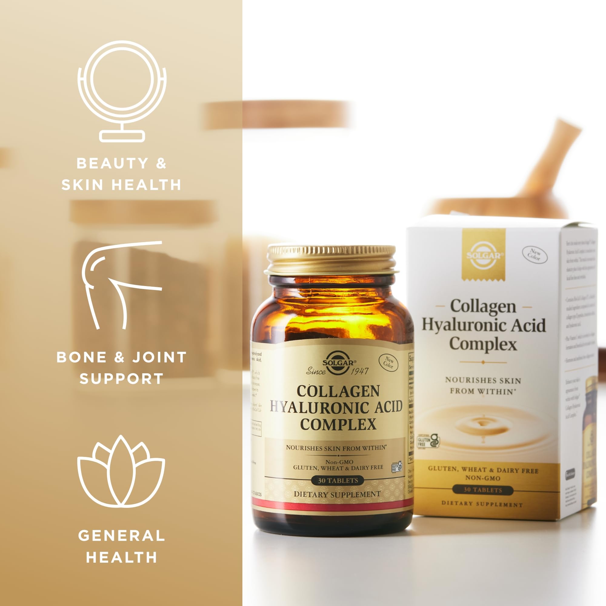Solgar Collagen Hyaluronic Acid Complex 40g on a wooden table