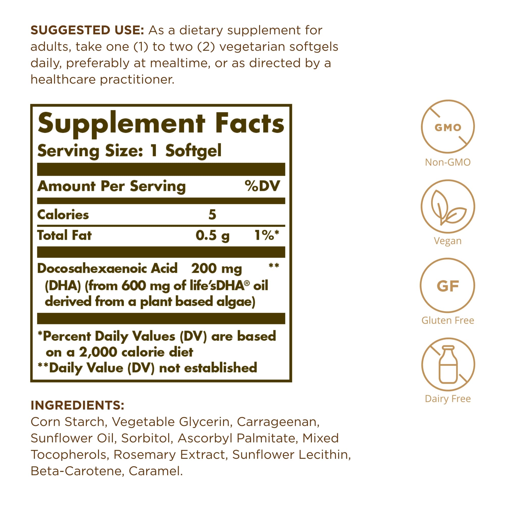 Solgar DHA Omega-3 91g vegetarian capsules side view