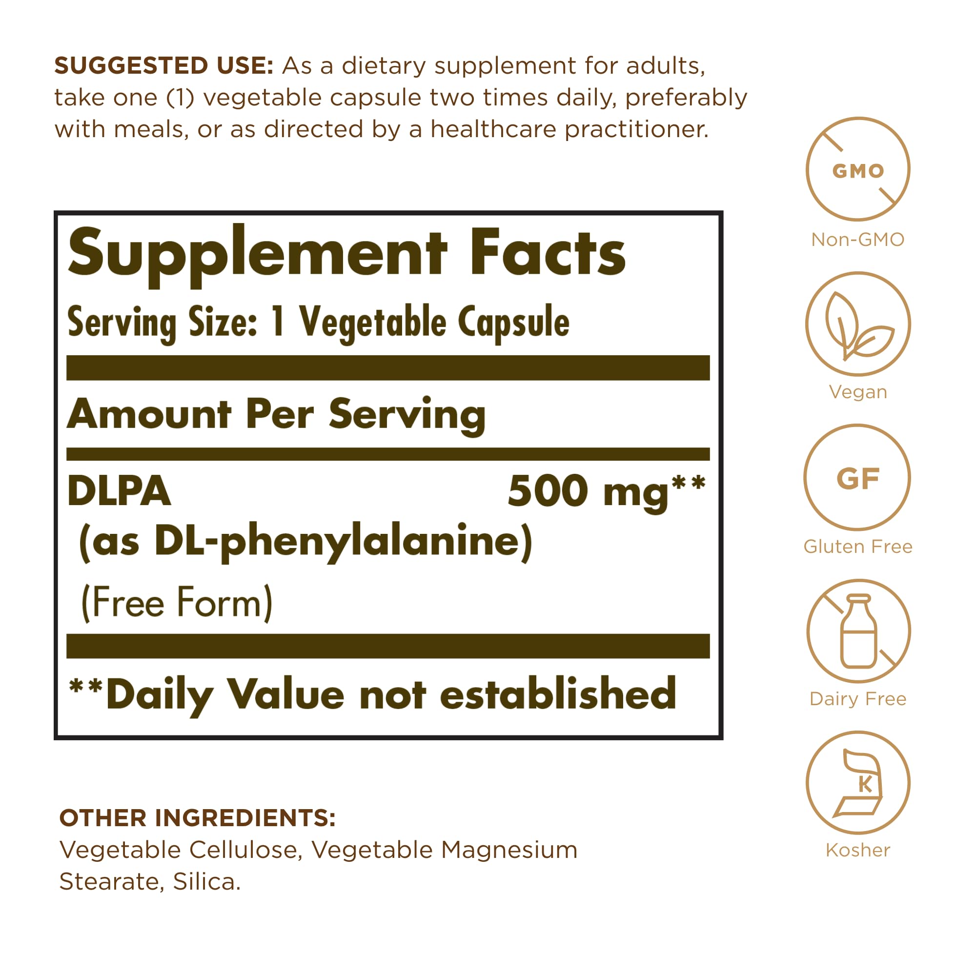 Solgar DL-Phenylalanine 227g side view showing supplement facts