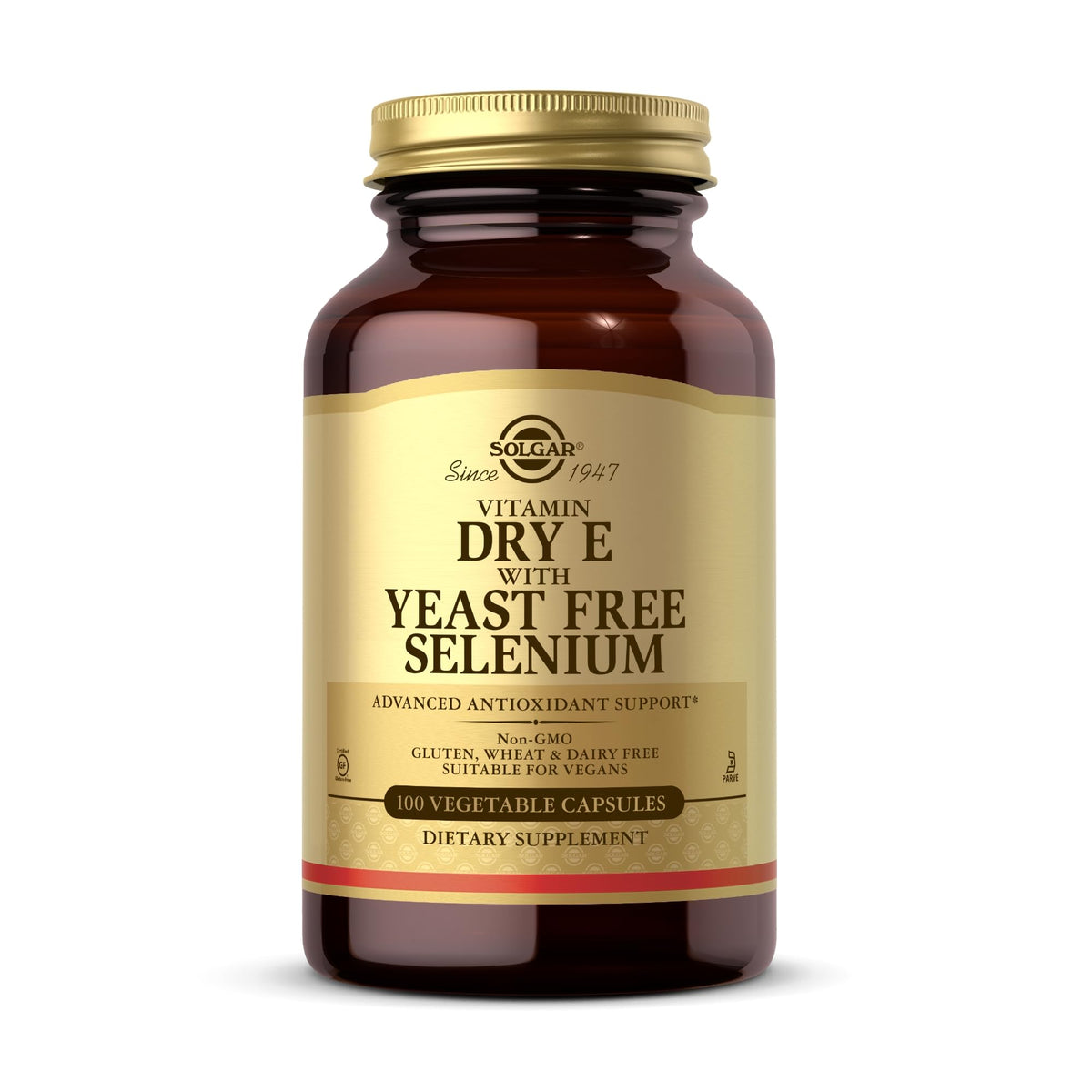 Solgar Dry Vitamin E 200mg 60 vegetarian capsules front view