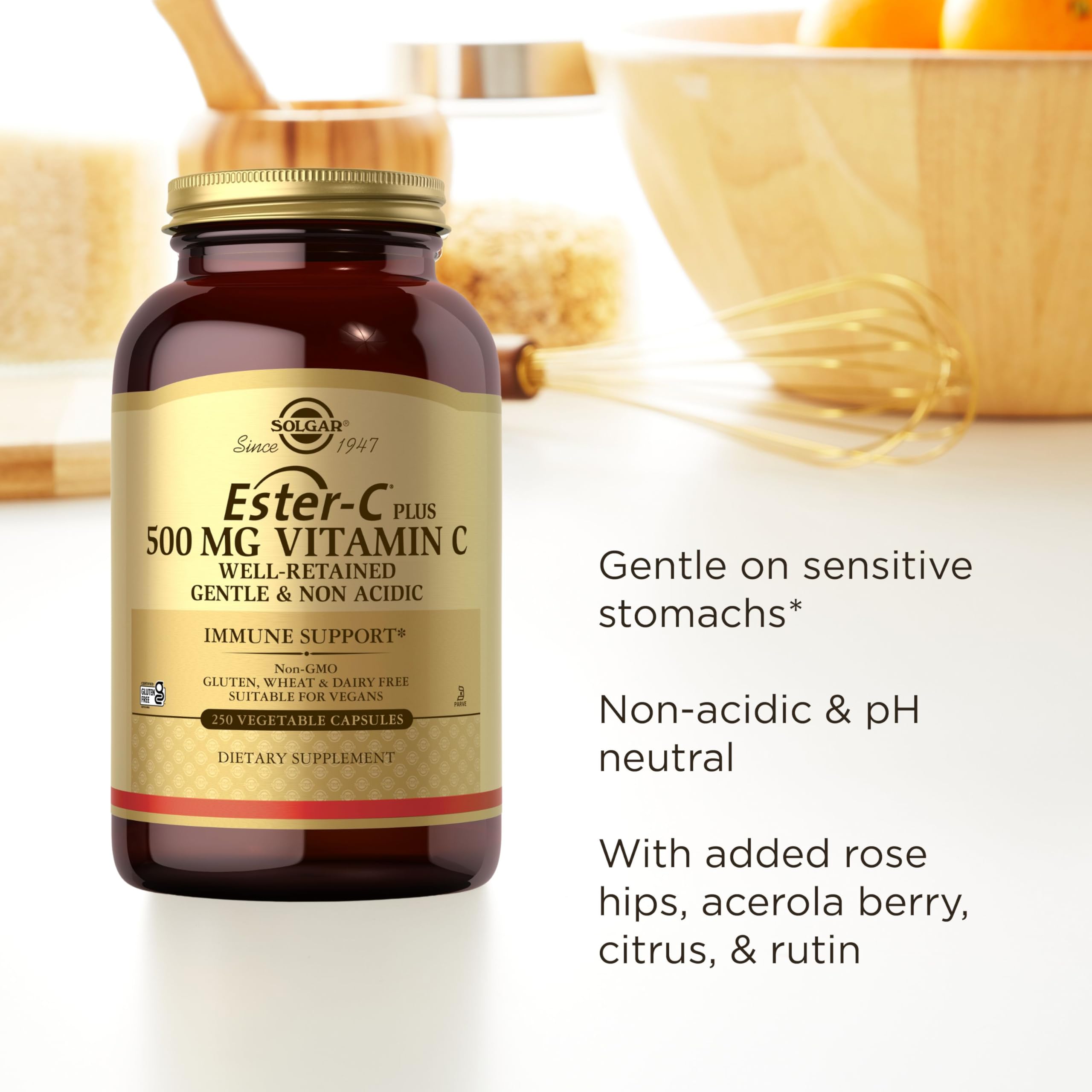 Solgar Ester-C Plus 500 mg Vitamin C Capsules on a wooden table