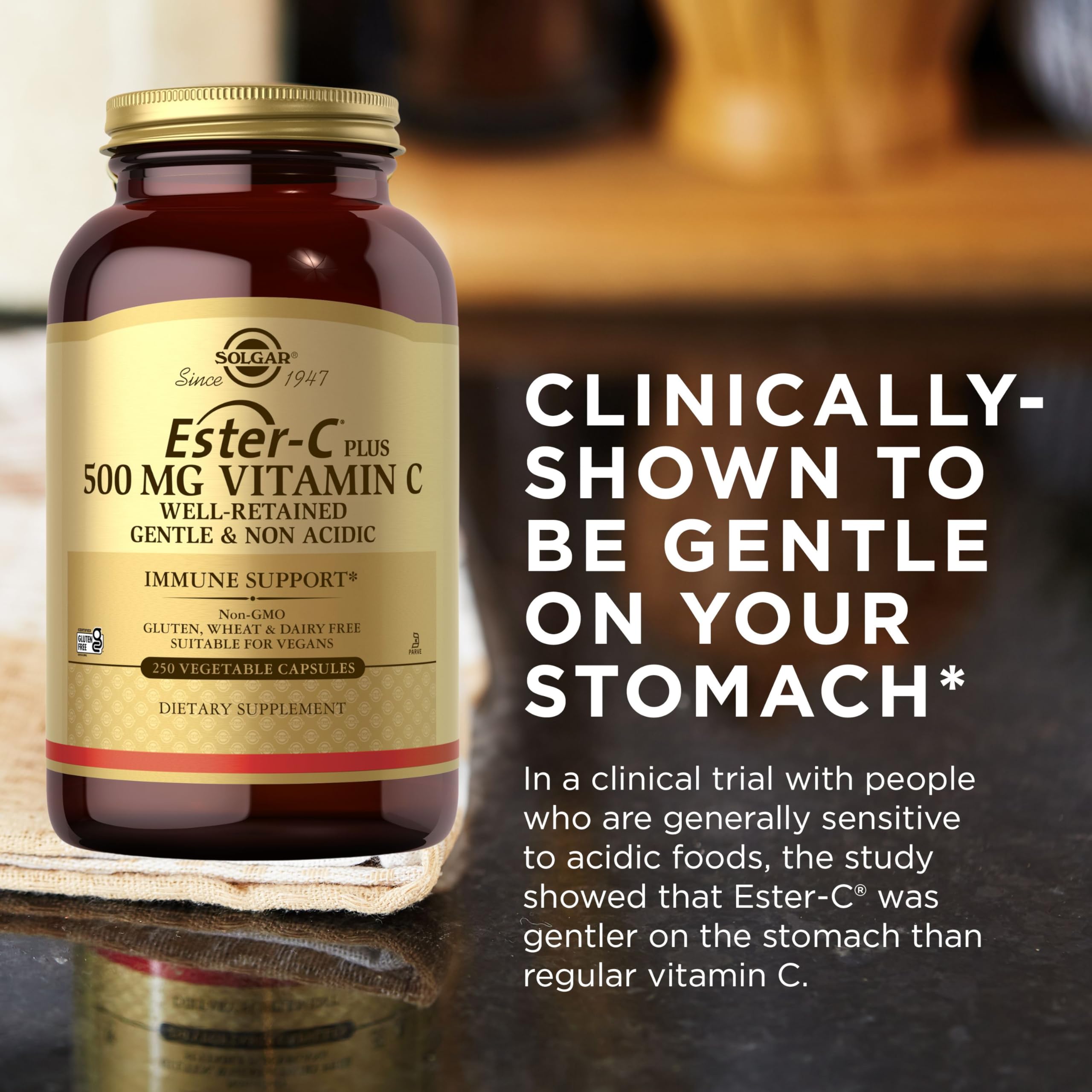 Solgar Ester-C Plus 500 mg Vitamin C Capsules with a glass of water