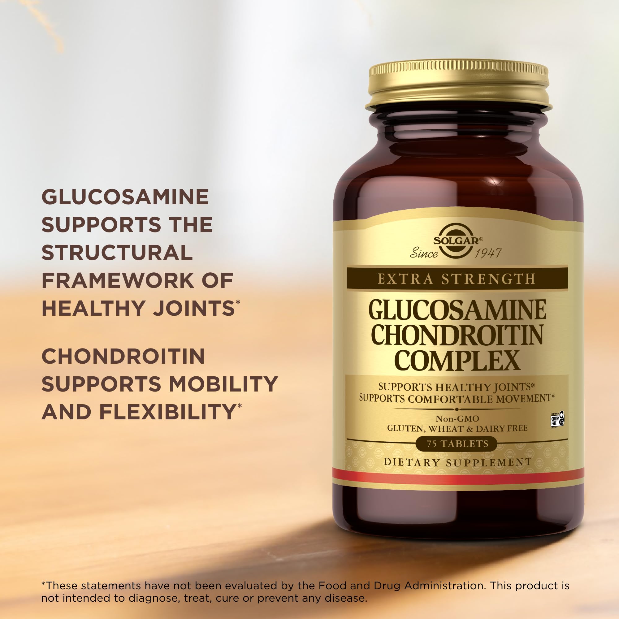 Solgar Extra Strength Glucosamine Chondroitin Complex Tablets displayed on a wooden table