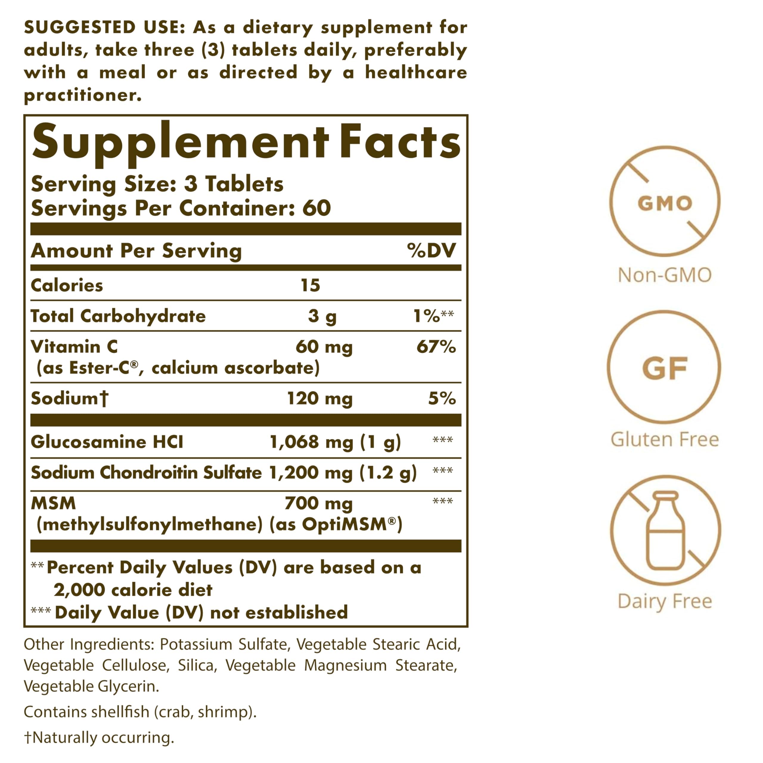 Solgar Extra Strength Glucosamine Chondroitin MSM 318g back view with ingredient list