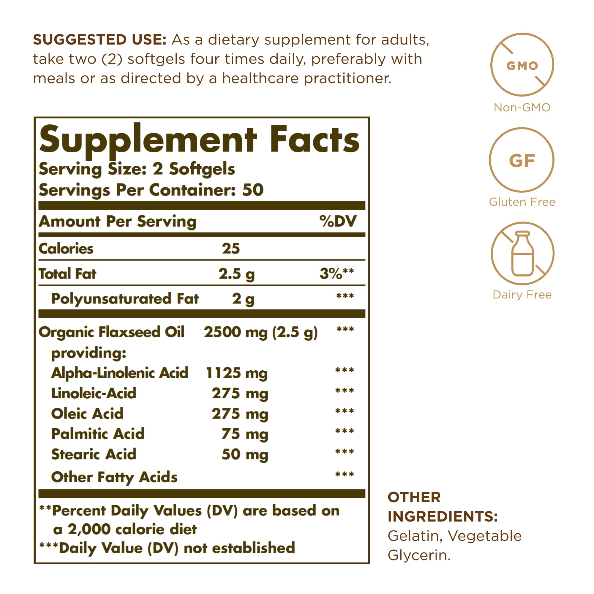 Solgar Flaxseed Oil 1250mg Softgels back view with nutritional information