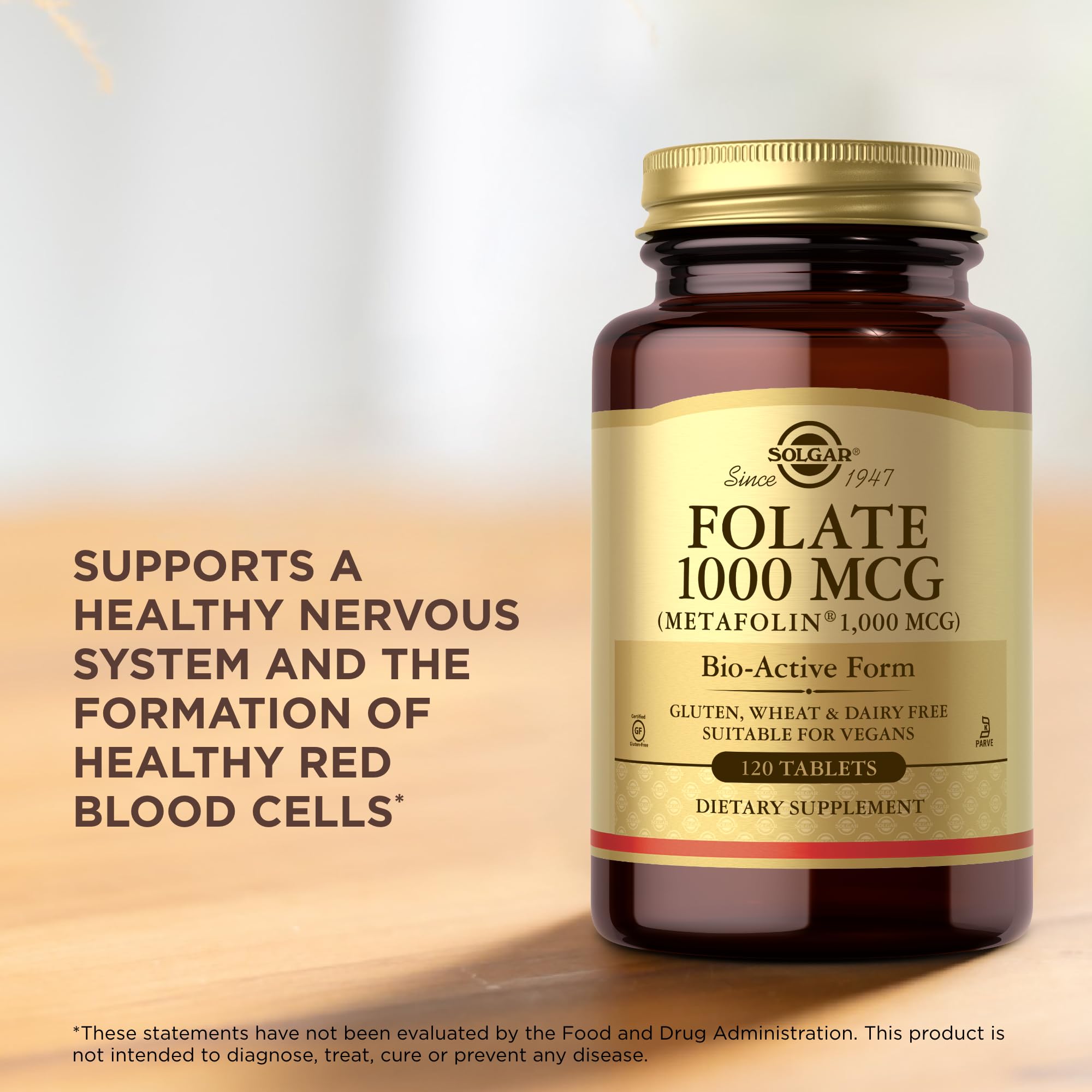 Solgar Folate Supplement in a lifestyle setting on a table