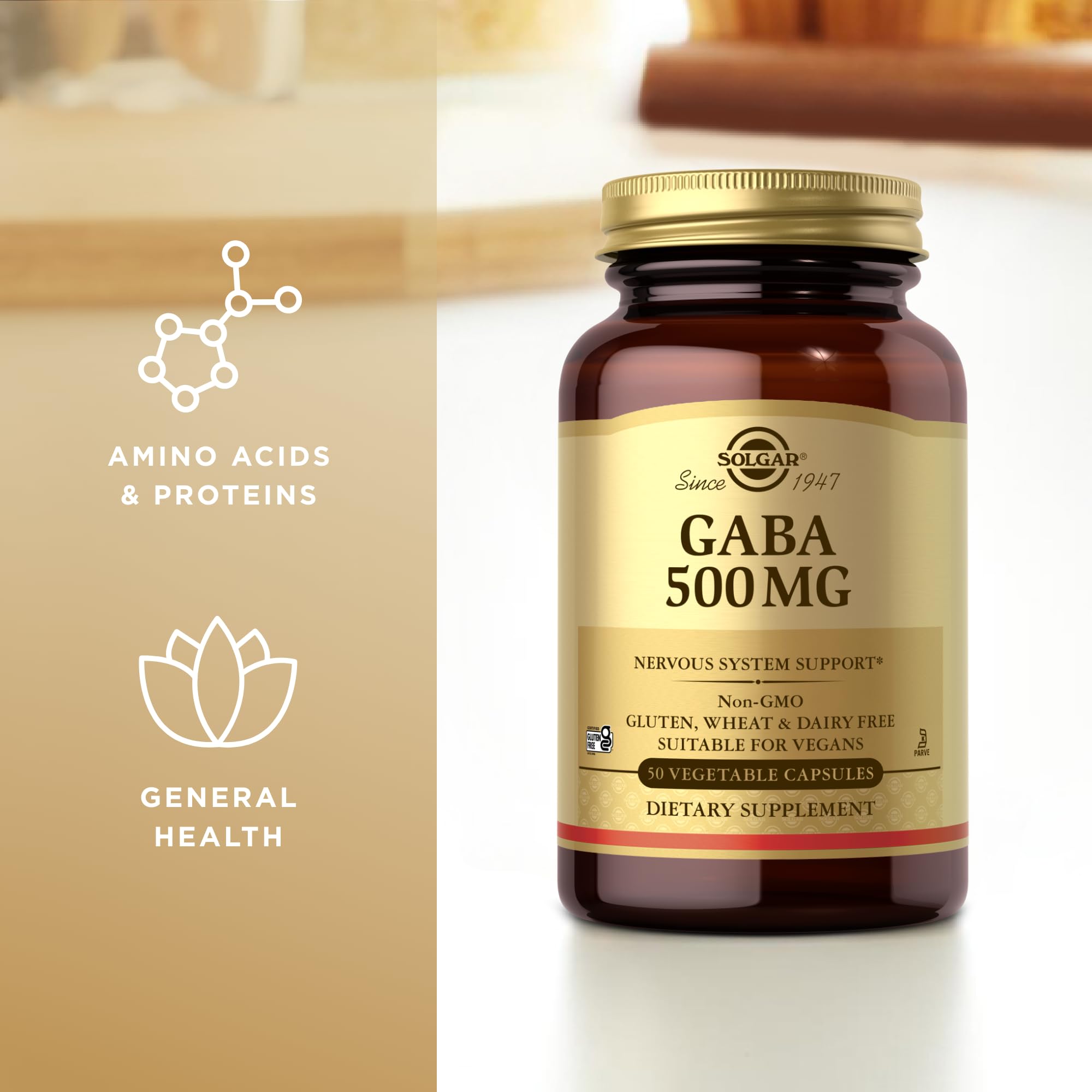 Solgar GABA Capsules on a wooden table