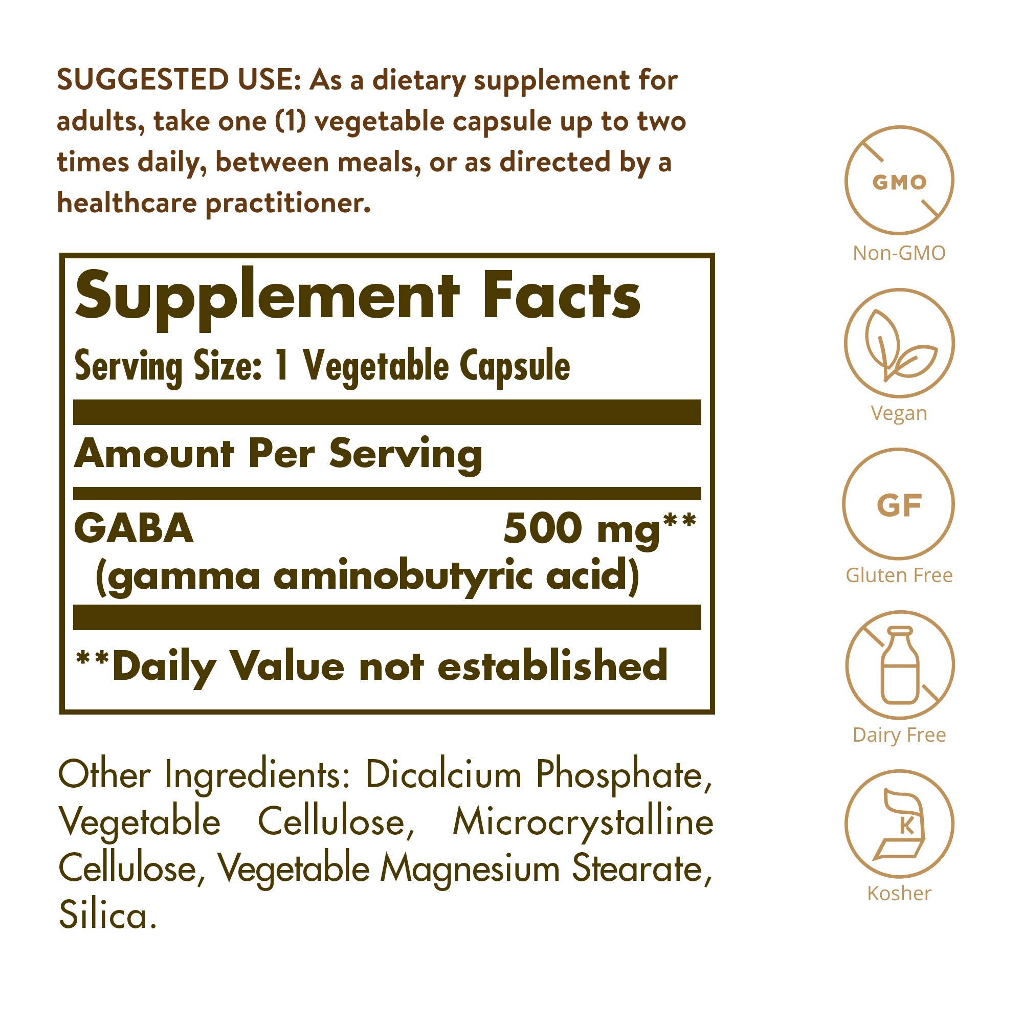 Solgar GABA Capsules side view showing ingredients