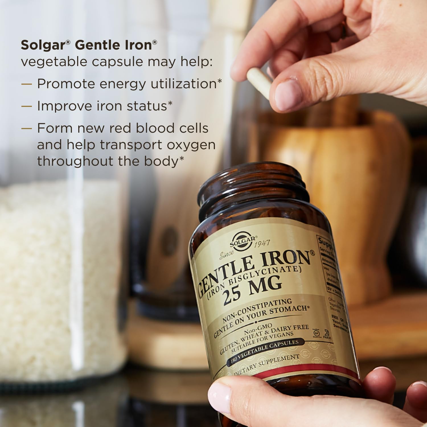 Solgar Gentle Iron 25mg capsules on a wooden table
