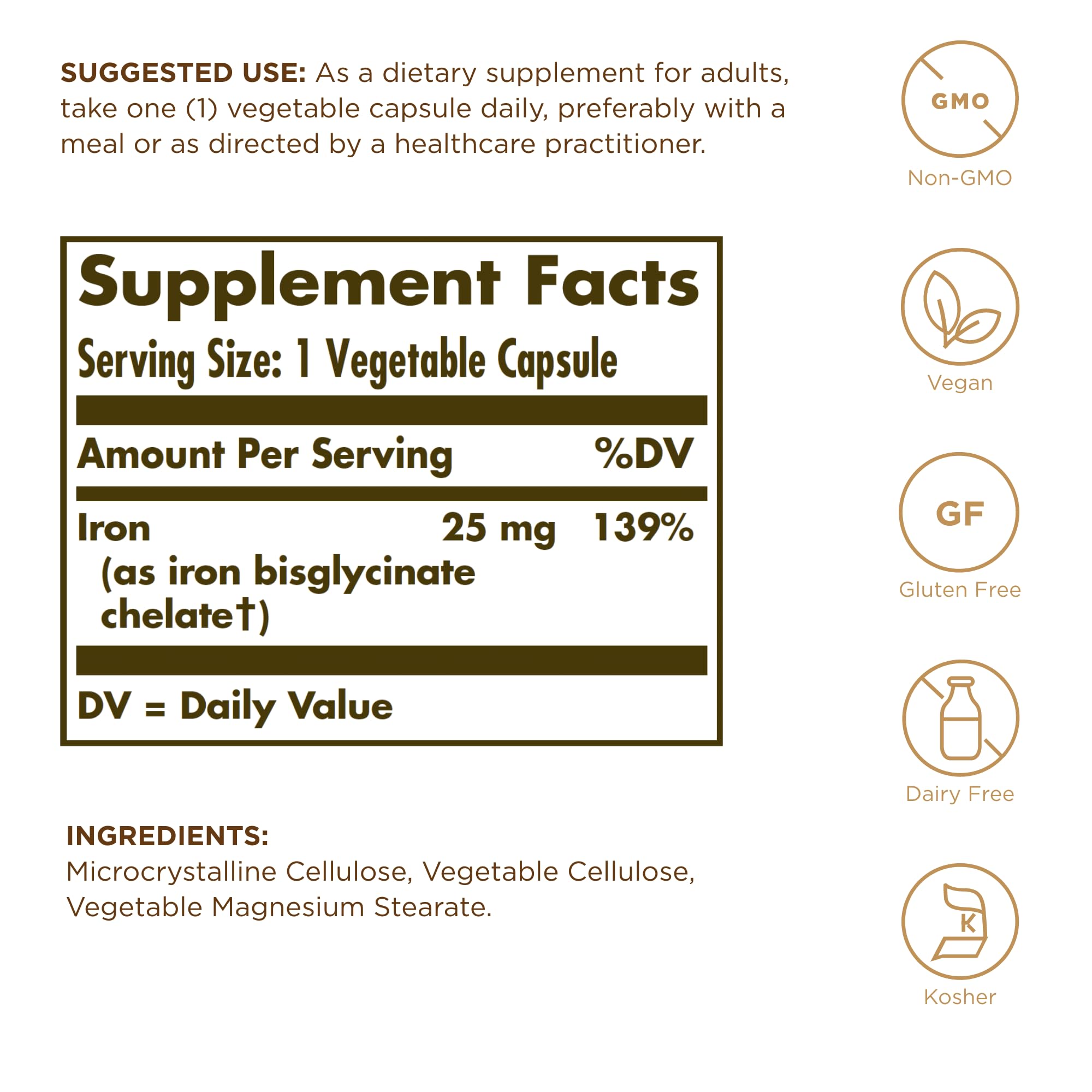 Solgar Gentle Iron Vegetable Capsules side view showing capsule