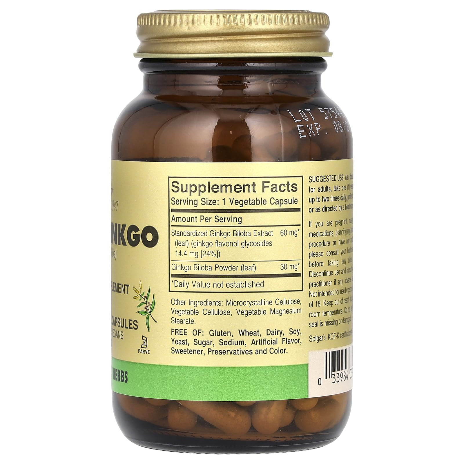Solgar Ginkgo Biloba packaging with ingredient details