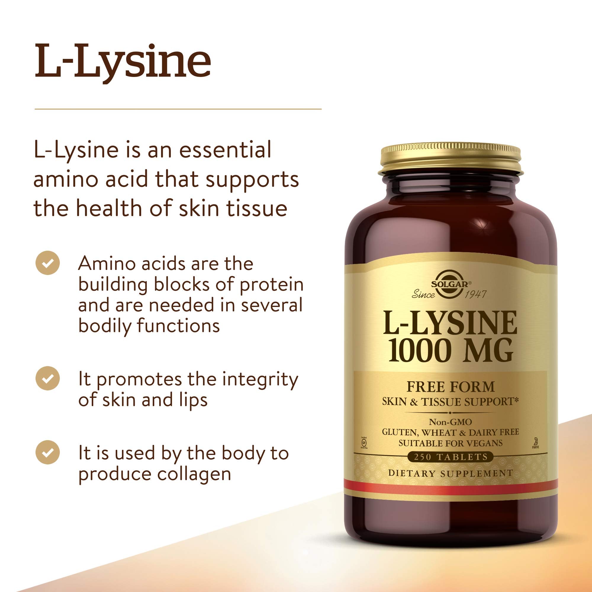 Solgar L-Lysine 1000mg Tablets back view with ingredient list