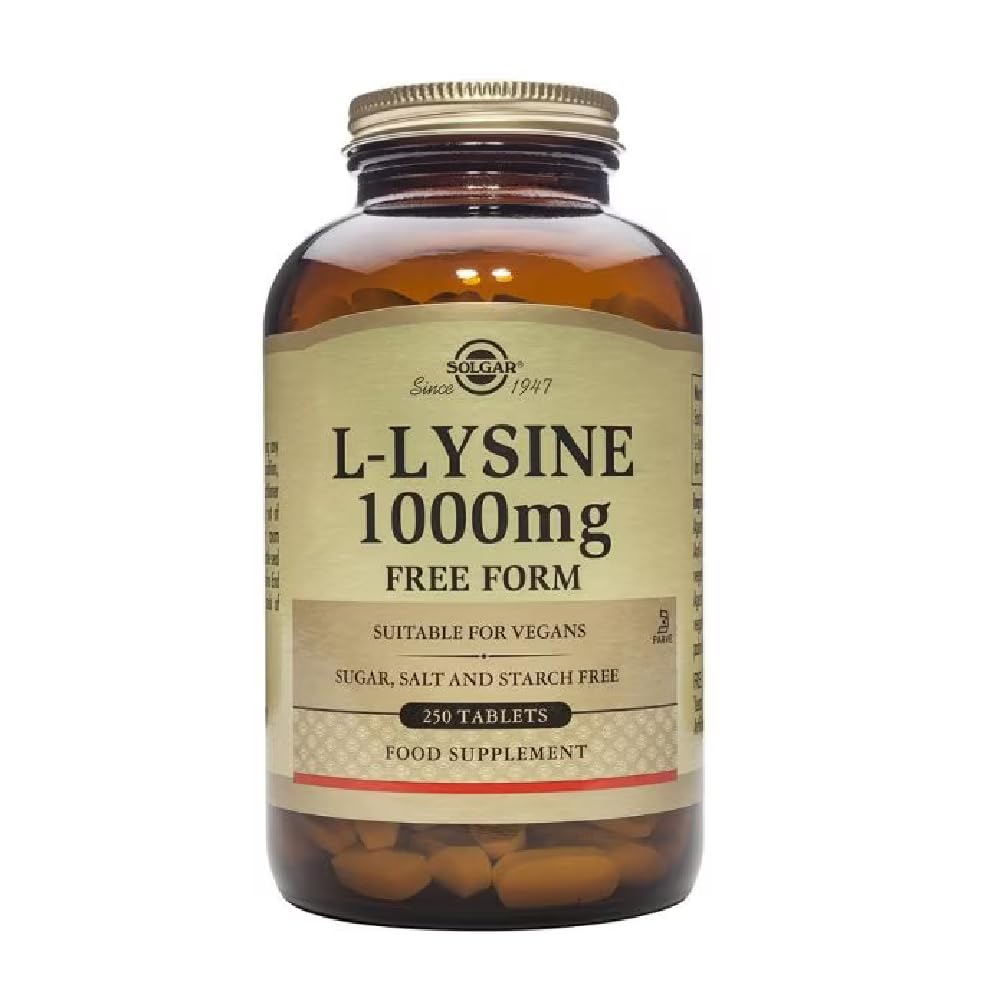 Solgar L-Lysine 1000mg Tablets opened bottle showing tablets