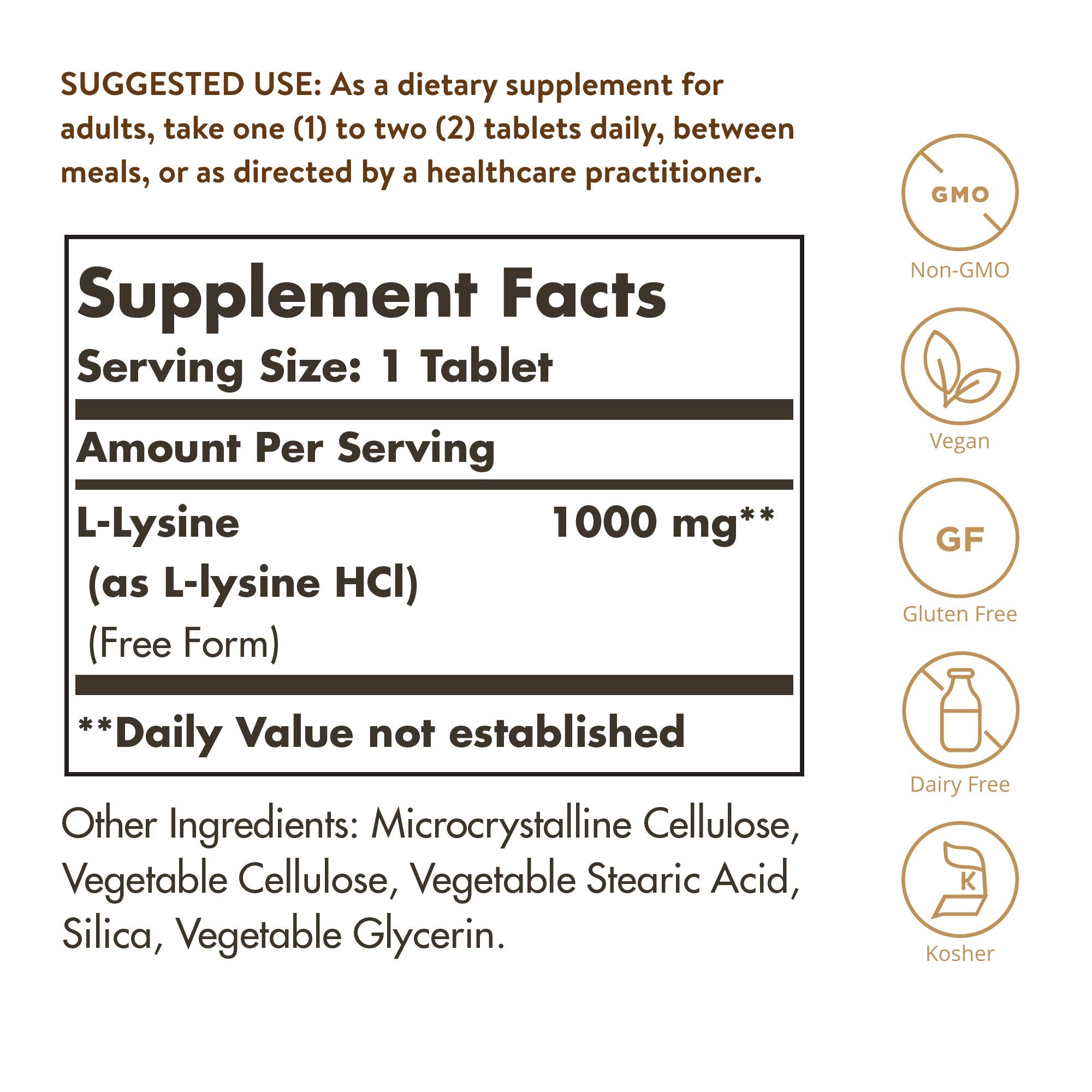 Solgar L-Lysine 1000mg Tablets side view showing dosage information